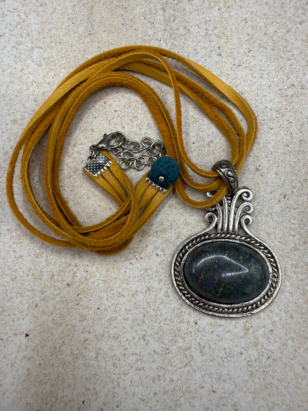 Boho Lapis Lazuli Oval Pendant Necklace, Ornate Silver Framed Blue Gemstone Charm, Double Strand Yellow-Ochre Suede Cord, Tribal Artisan Statement Jewelry