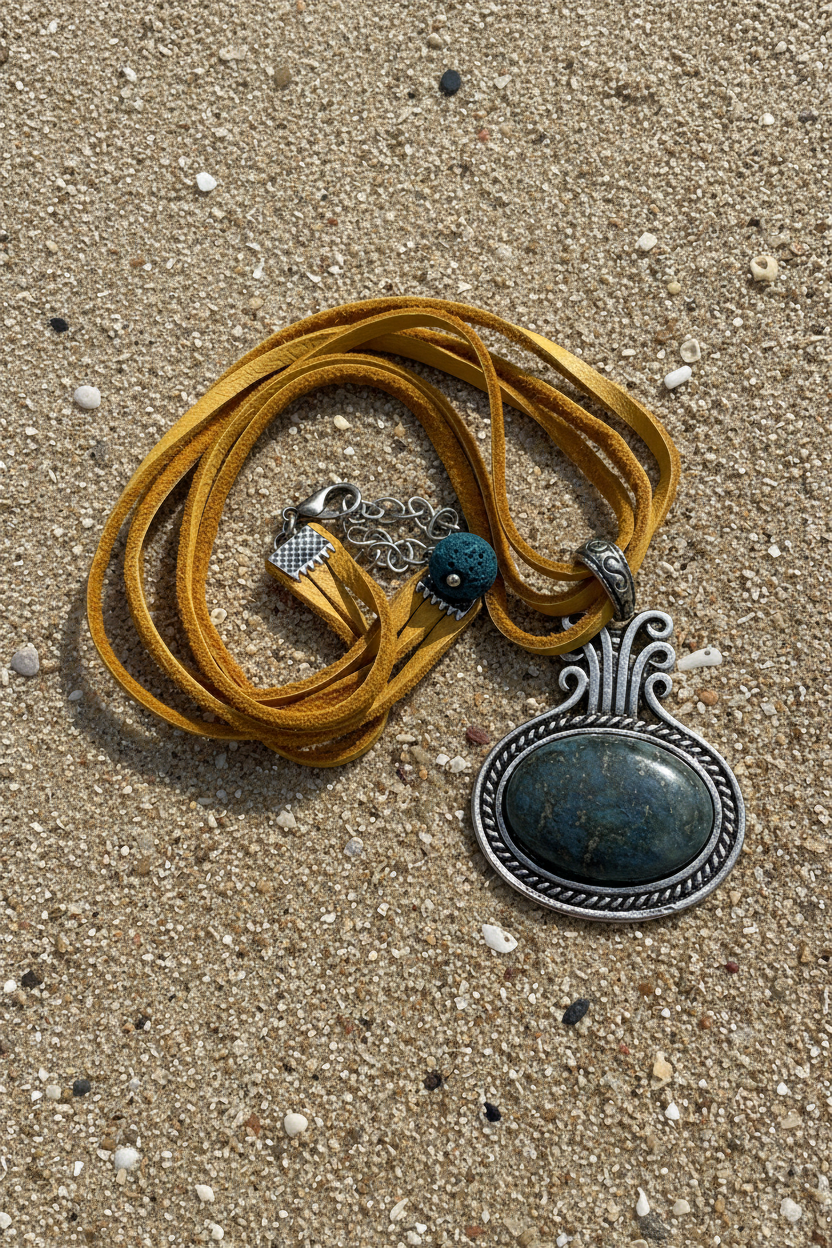 Boho Lapis Lazuli Oval Pendant Necklace, Ornate Silver Framed Blue Gemstone Charm, Double Strand Yellow-Ochre Suede Cord, Tribal Artisan Statement Jewelry