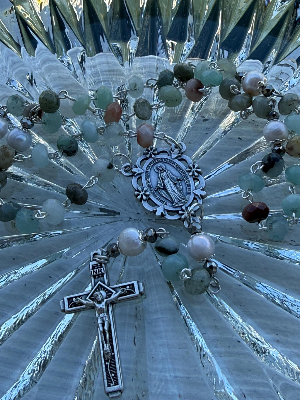 Handmade Amazonite Rosary with Freshwater Pearl Accents - Catholic Rosary Beads - Miraculous Medal