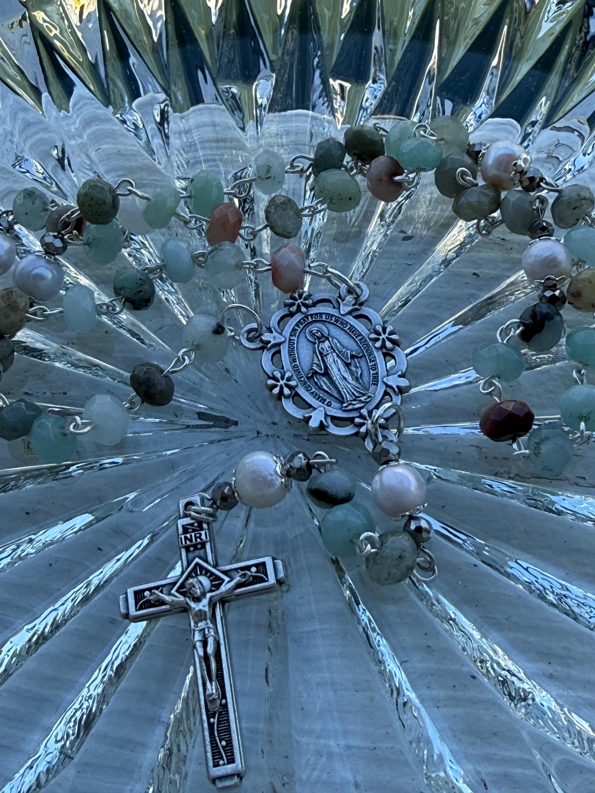 Handmade Amazonite Rosary with Freshwater Pearl Accents - Catholic Rosary Beads - Miraculous Medal