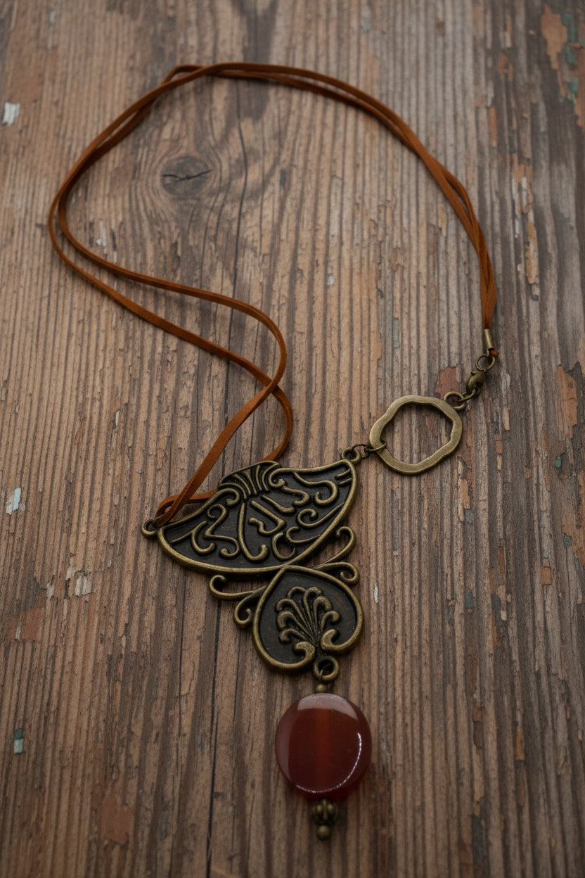 A bohemian-style necklace featuring an ornate bronze butterfly pendant with a carved wing design, a large oval red agate stone drop, and a brown leather cord, shown on a plain white background.