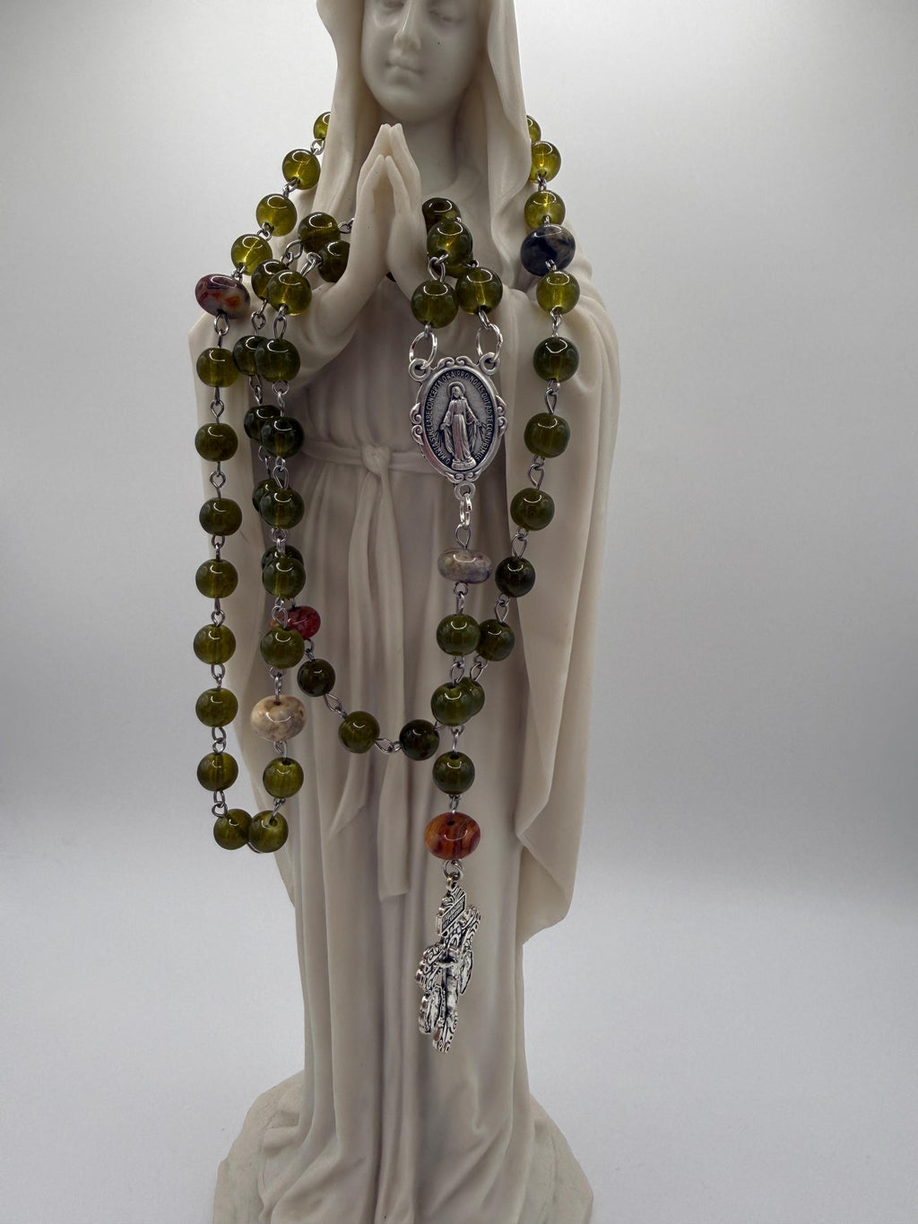 Handmade Green Rosary-Olive Beads with Agate Accents, Silver Miraculous Medal Center and Pardon Crucifix