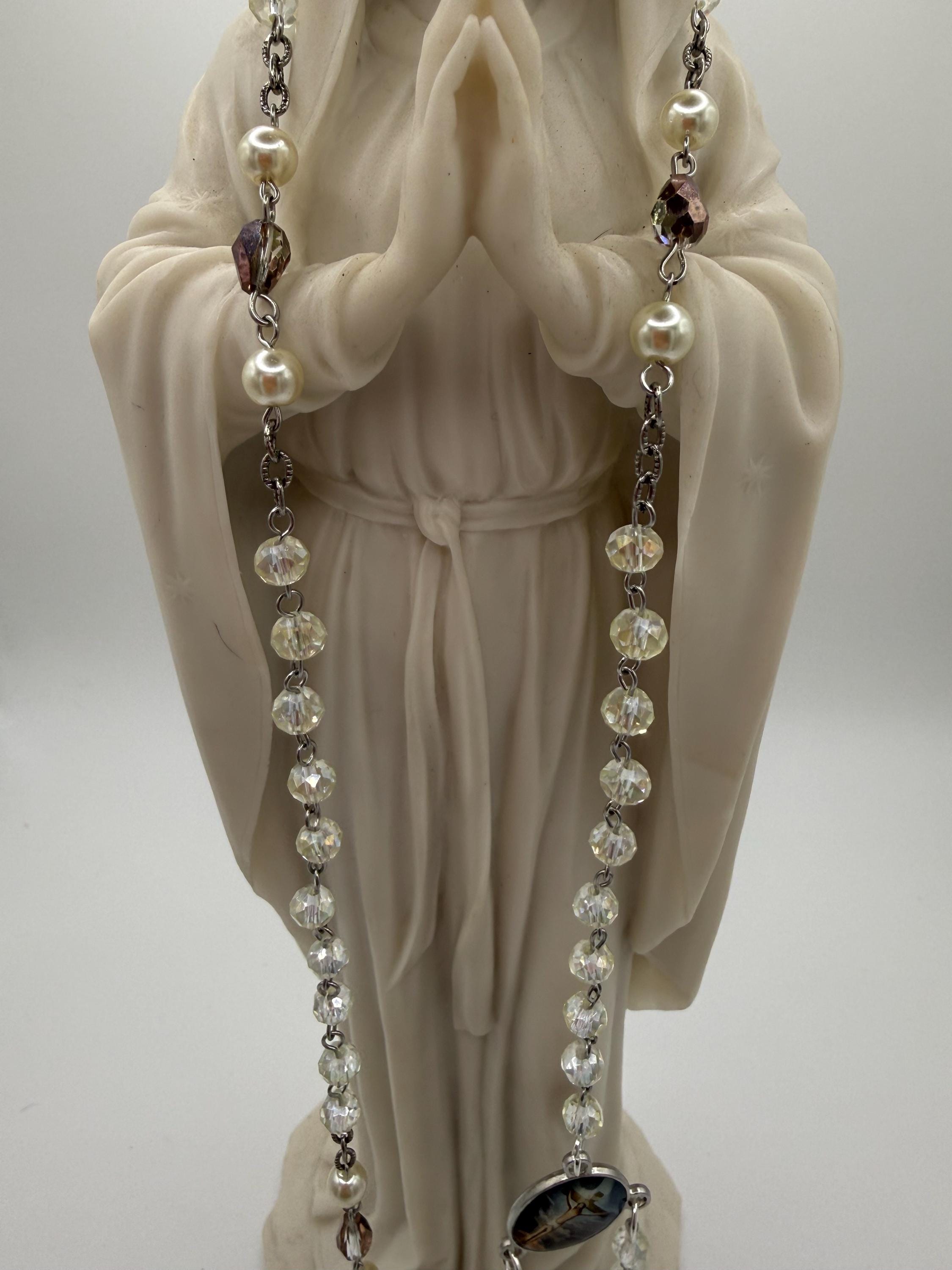 Handcrafted Catholic Rosary - Clear Crystal & Faux Pearl Beads with St. Benedict Crucifix and Sacred Heart Centerpiece - Traditional Prayer