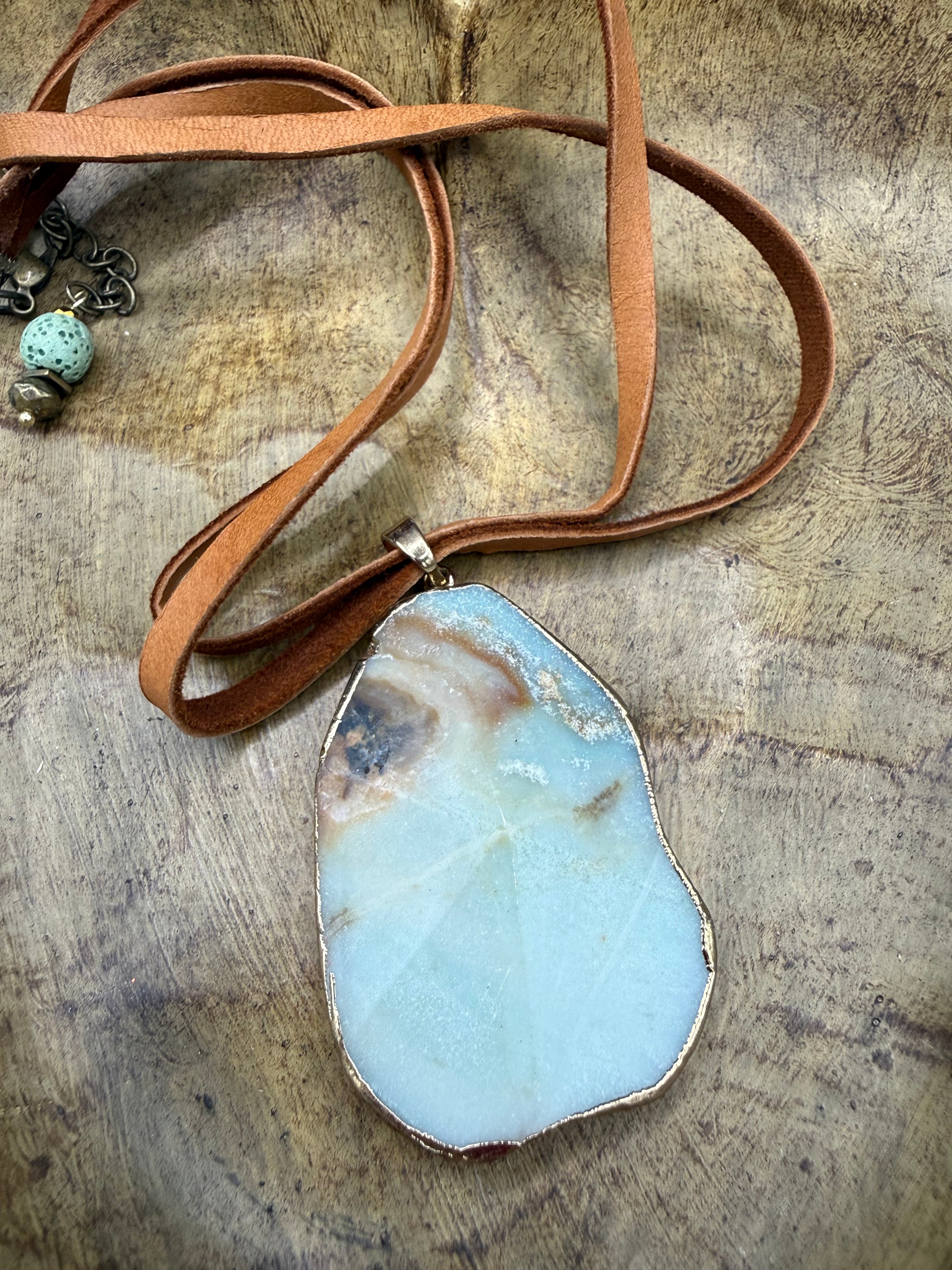Natural Amazonite Stone Slice Pendant Necklace | Genuine Green Gemstone on Brown Leather Cord | Boho Chic Jewelry | Earthy Handmade Gift for