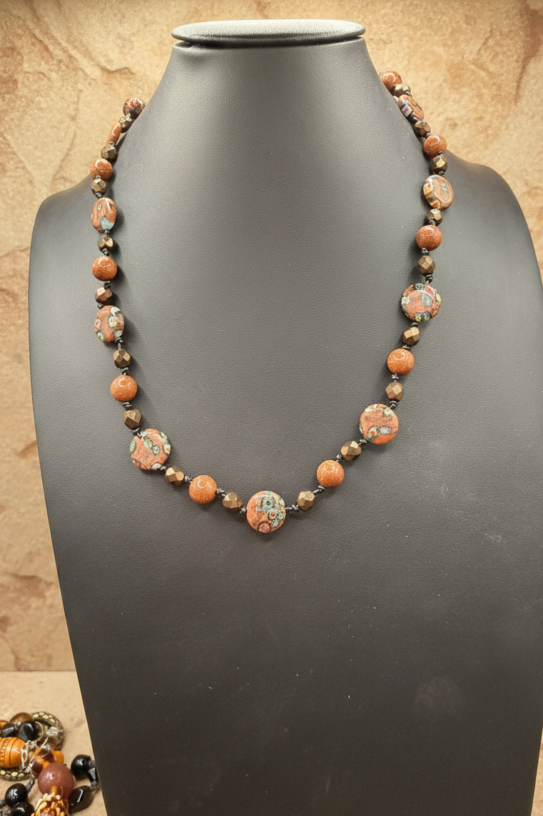 Sparkling Goldstone & Venetian Millefiori Glass Bead Necklace | Warm Earth Tones