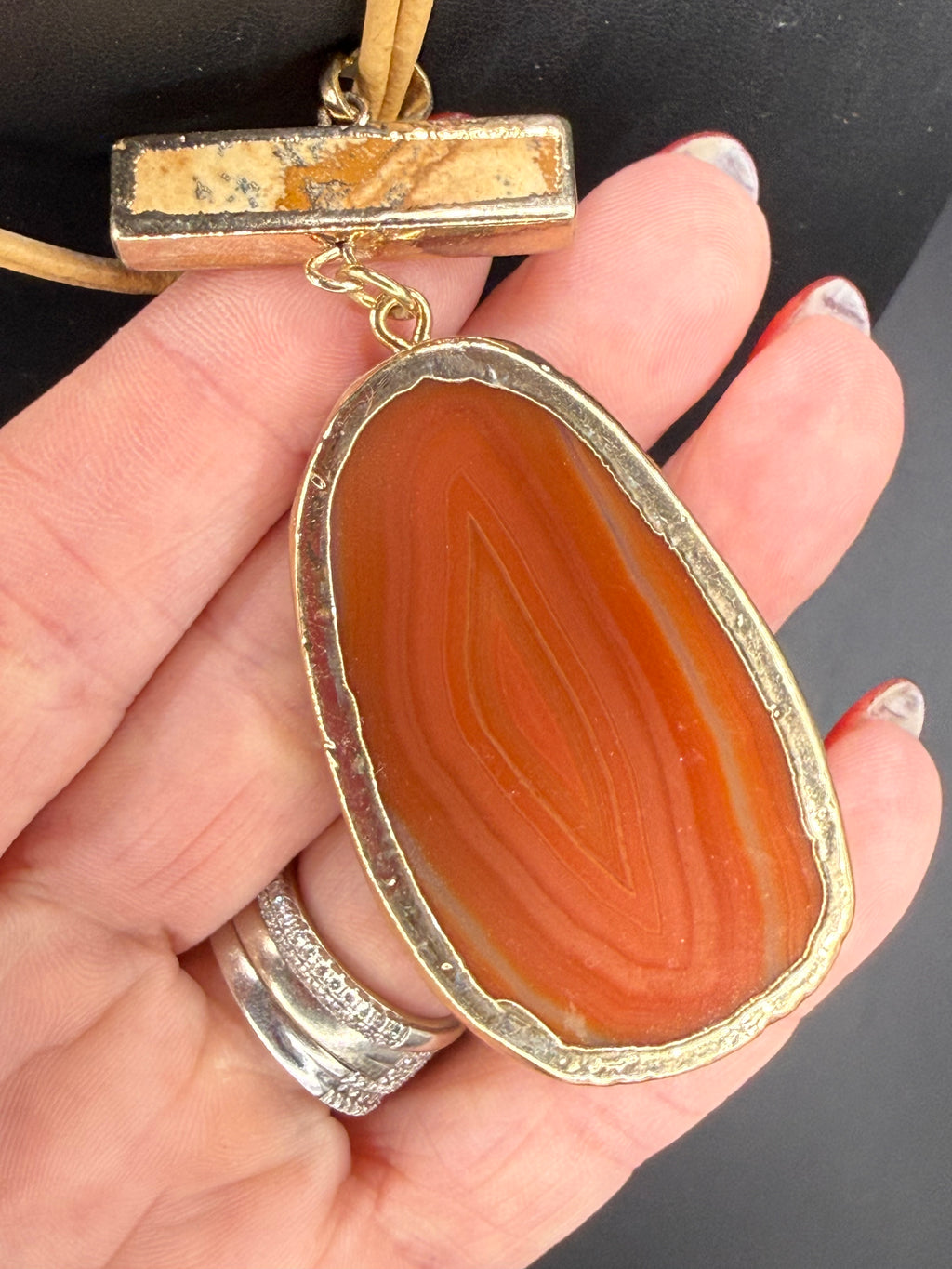Boho Statement Agate Slice Necklace - Terracotta Orange Stone Pendant on Neutral Cord, Gold Trim, Gift for Her
