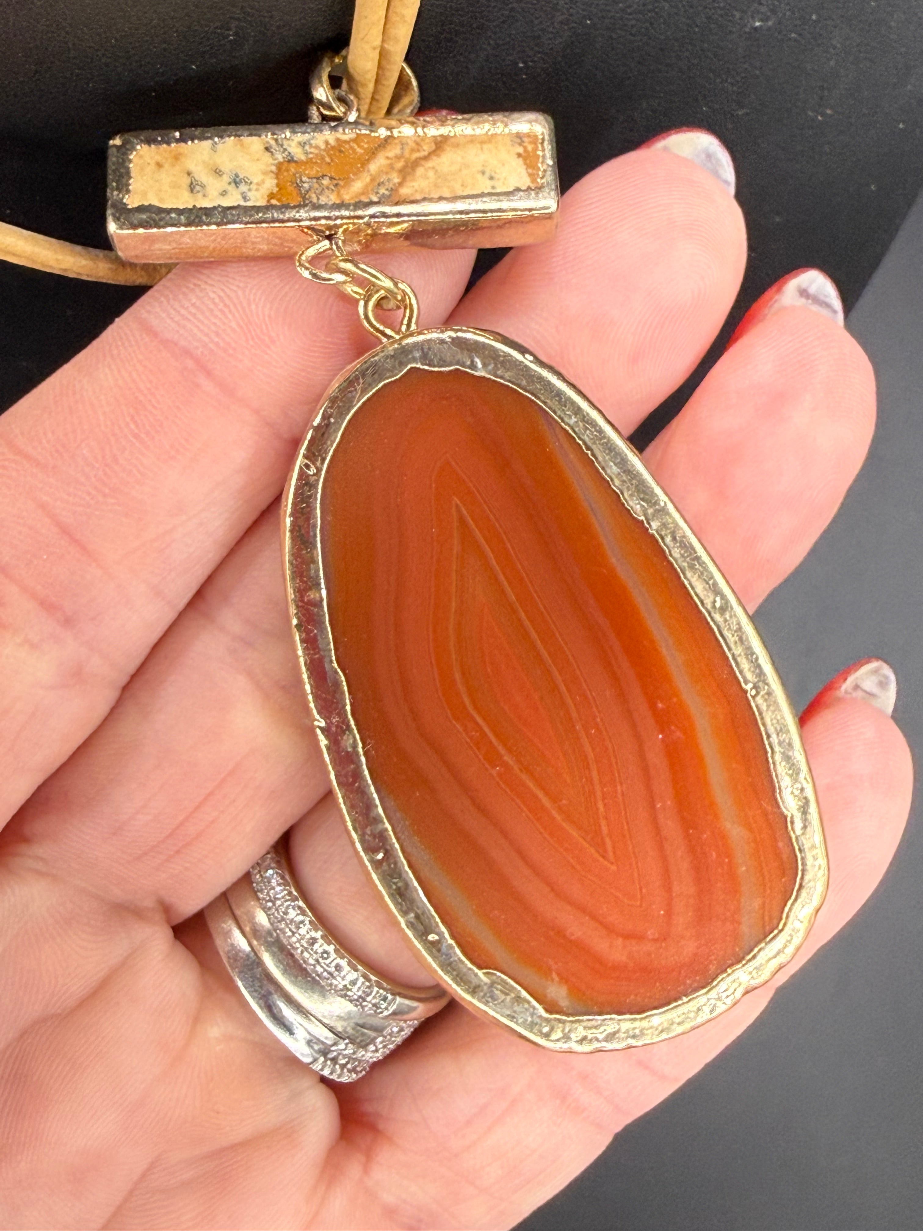Boho Statement Agate Slice Necklace - Terracotta Orange Stone Pendant on Neutral Cord, Gold Trim, Gift for Her