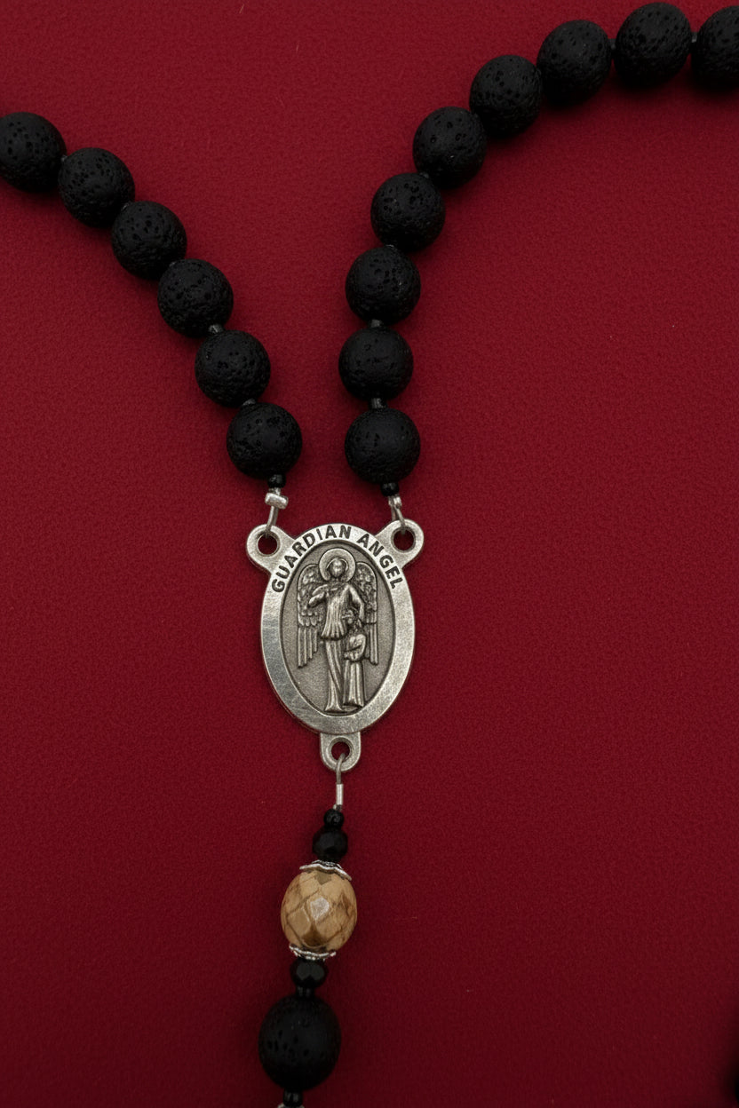 Men's Lava Rock Rosary - Silver Guardian Angel & INRI Crucifix - Essential Oil Diffuser Rosary