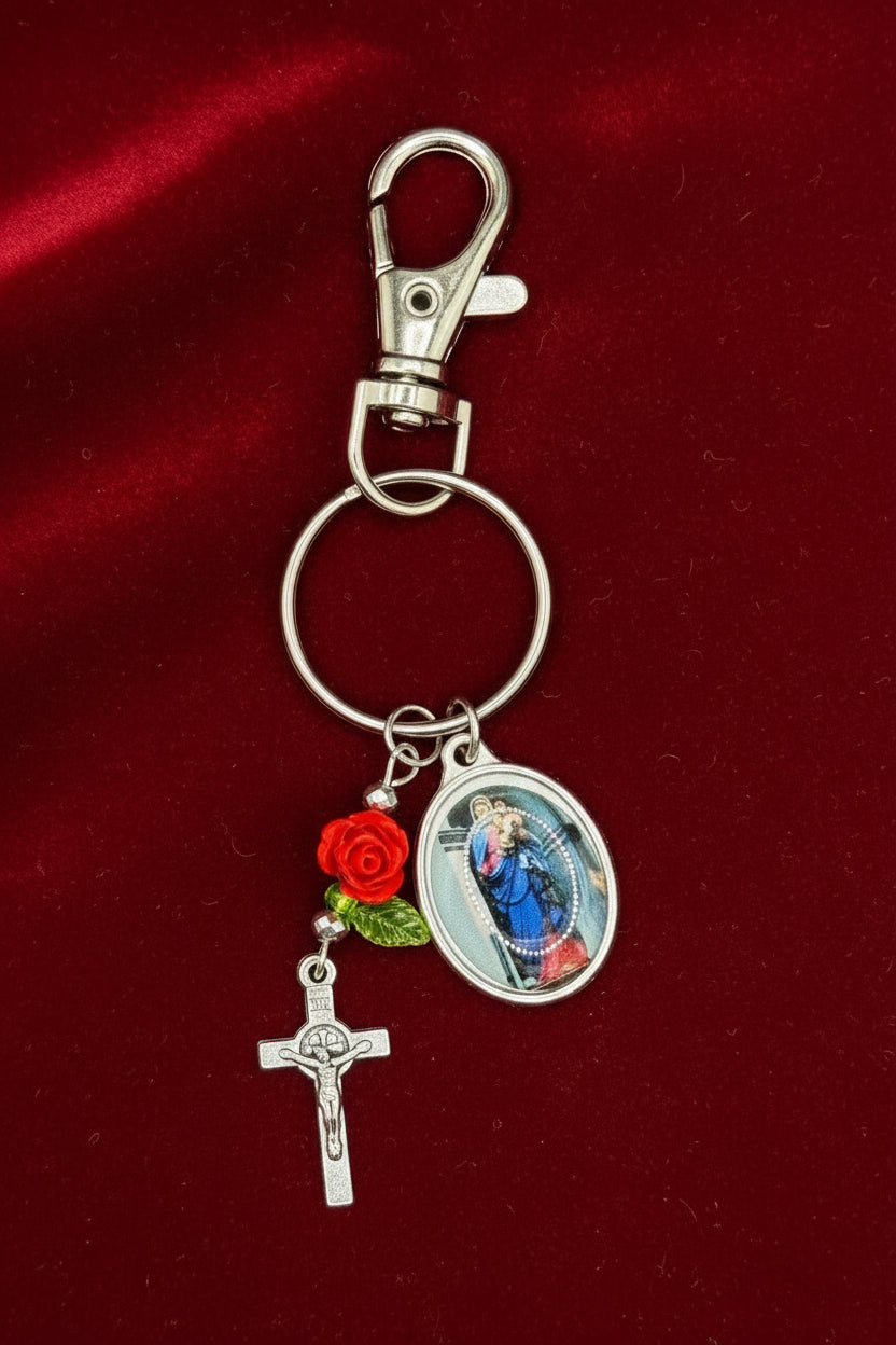 Handmade Catholic Keychain with Our Lady of the Rosary Medal, Crucifix, and Rose Charm