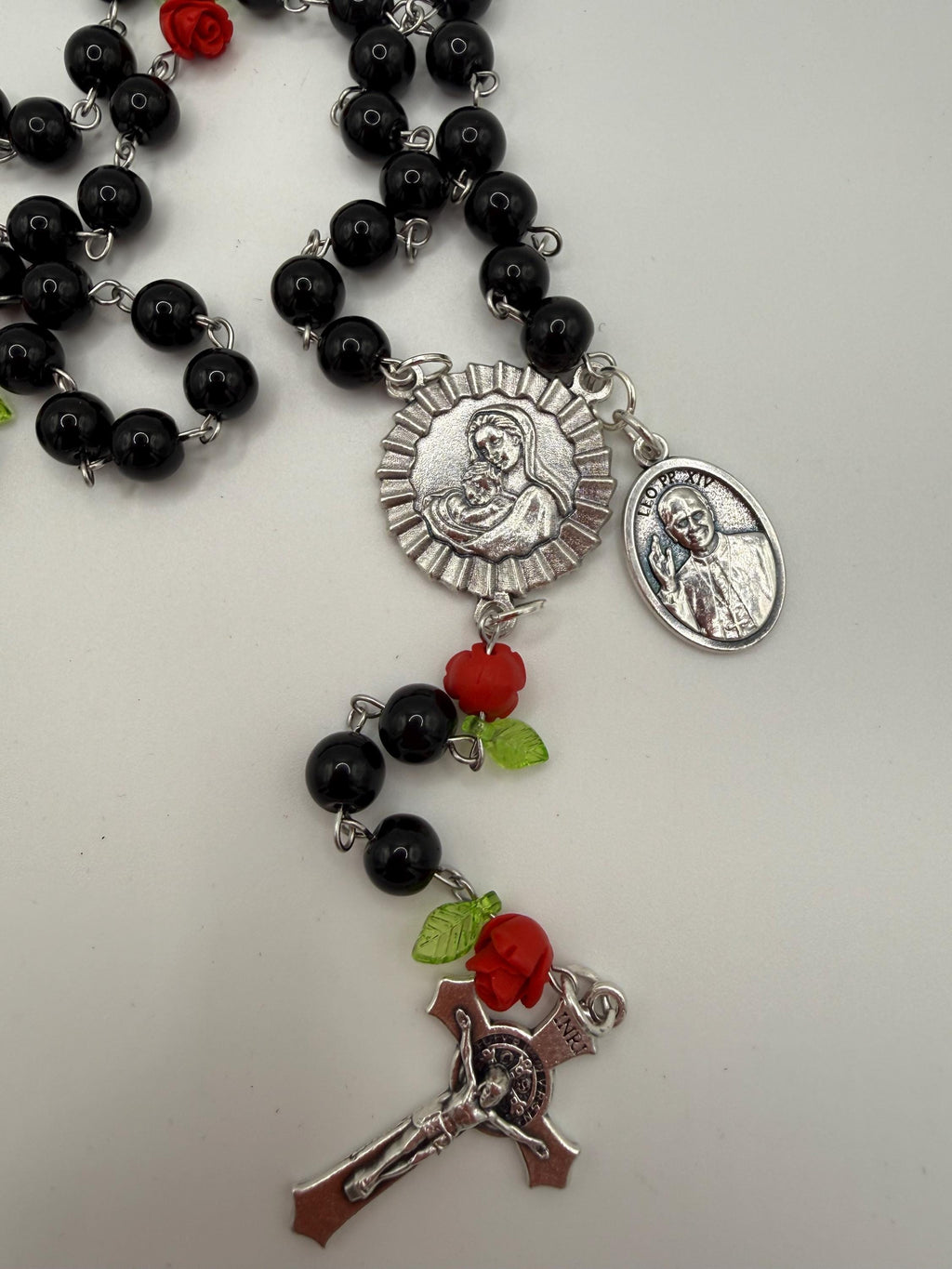 Black Rosary, Red Rose Accents, Madonna & Child, St. Pope Leo Medal
