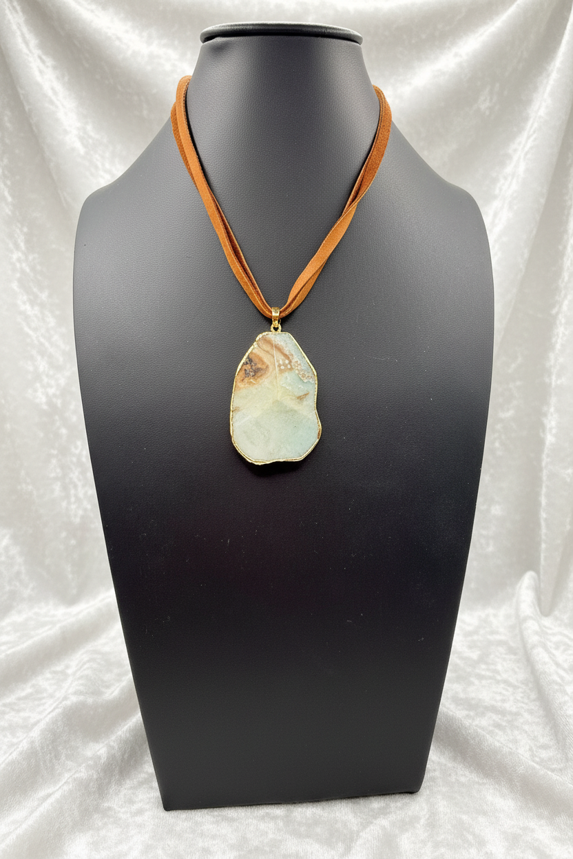 Natural Amazonite Stone Slice Pendant Necklace | Genuine Green Gemstone on Brown Leather Cord | Boho Chic Jewelry | Earthy Handmade Gift for