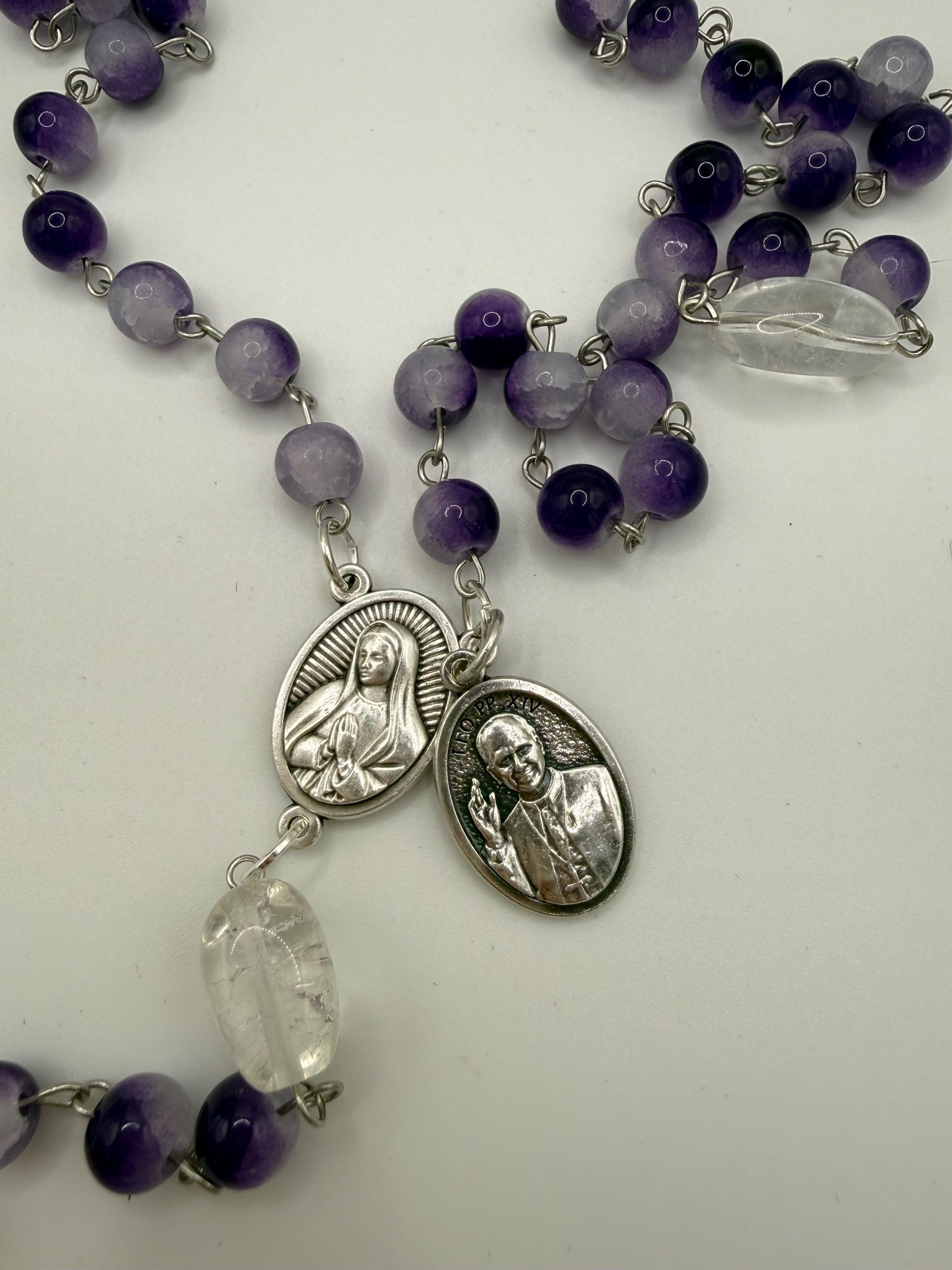 Purple Cracked Glass Rosary with Clear Quartz, Blessed Mother & St. Pope Leo Medal