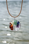 Chakra Tree of Life Pendant Necklace, Wire Wrapped Rainbow Crystal Chip Pendant on Tan Suede Cord, Boho Chic Spiritual Gemstone Jewelry