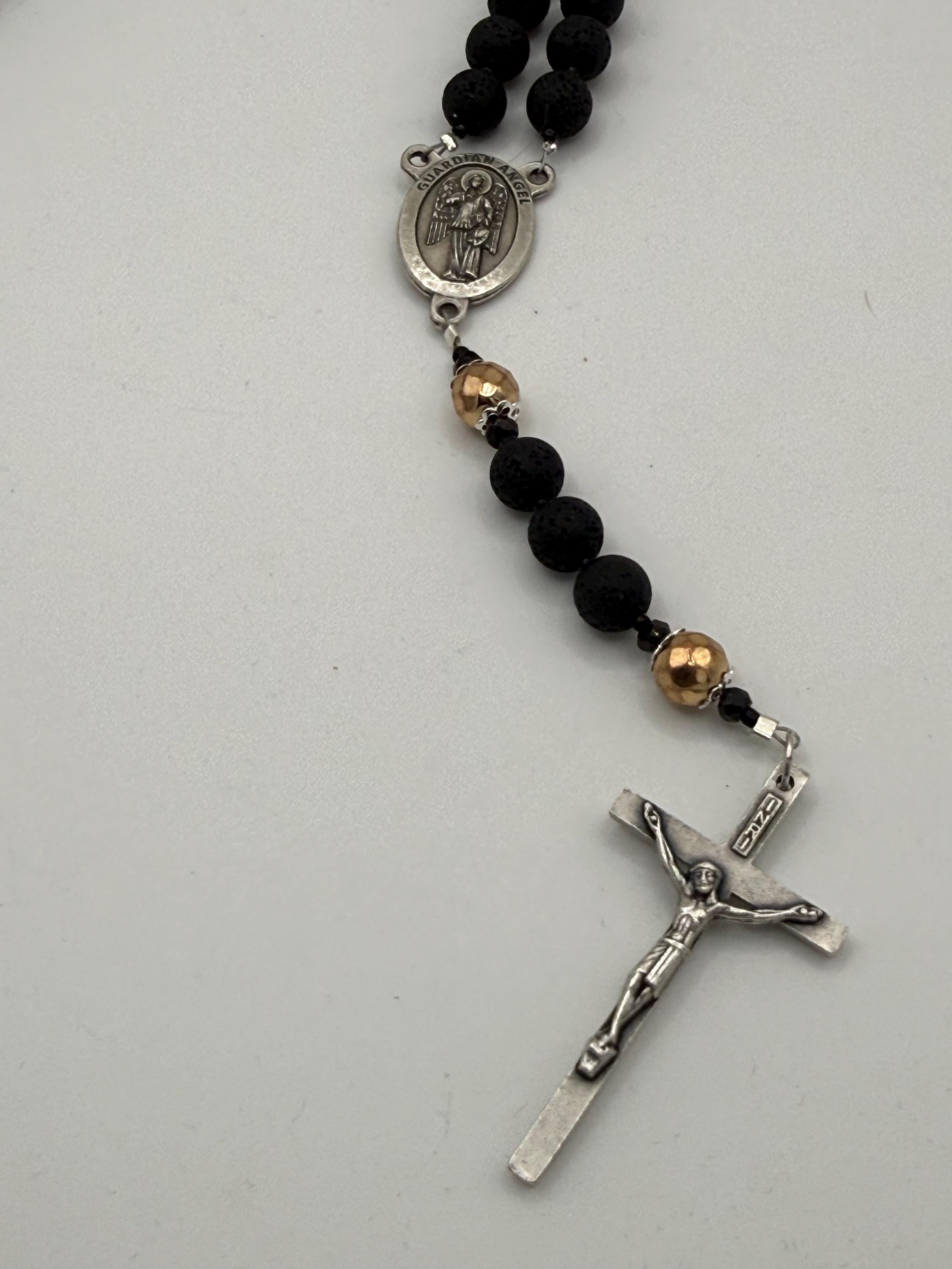 Men's Lava Rock Rosary - Silver Guardian Angel & INRI Crucifix - Essential Oil Diffuser Rosary