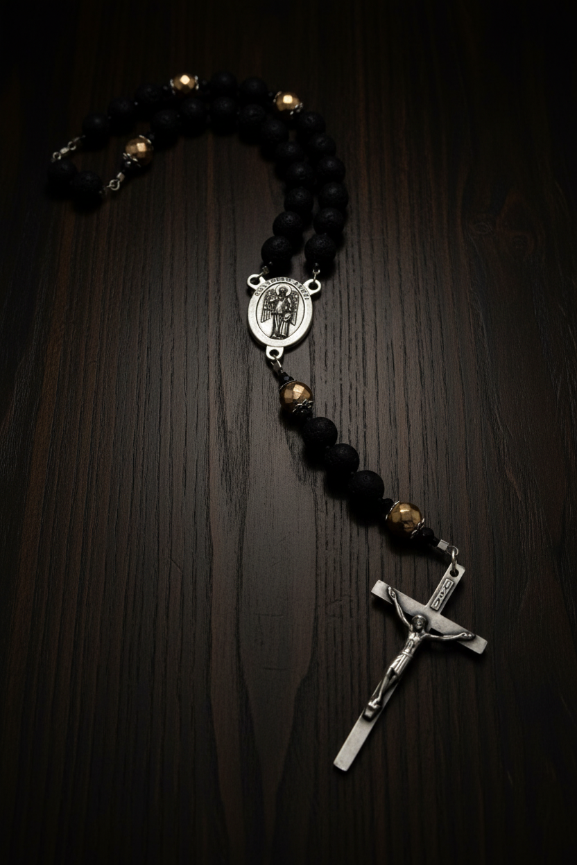 Men's Lava Rock Rosary - Silver Guardian Angel & INRI Crucifix - Essential Oil Diffuser Rosary