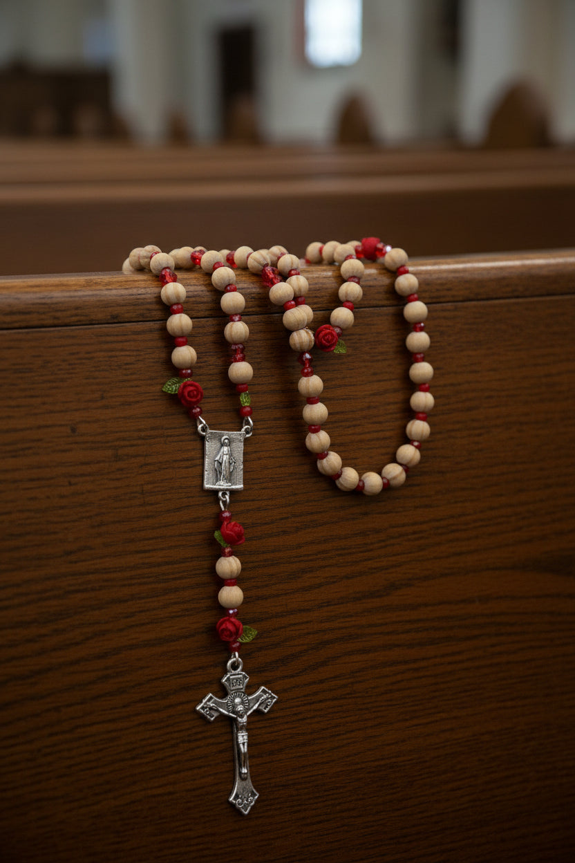 Wooden Rosary, Red Crystal Spacers, Rose Our Father Beads