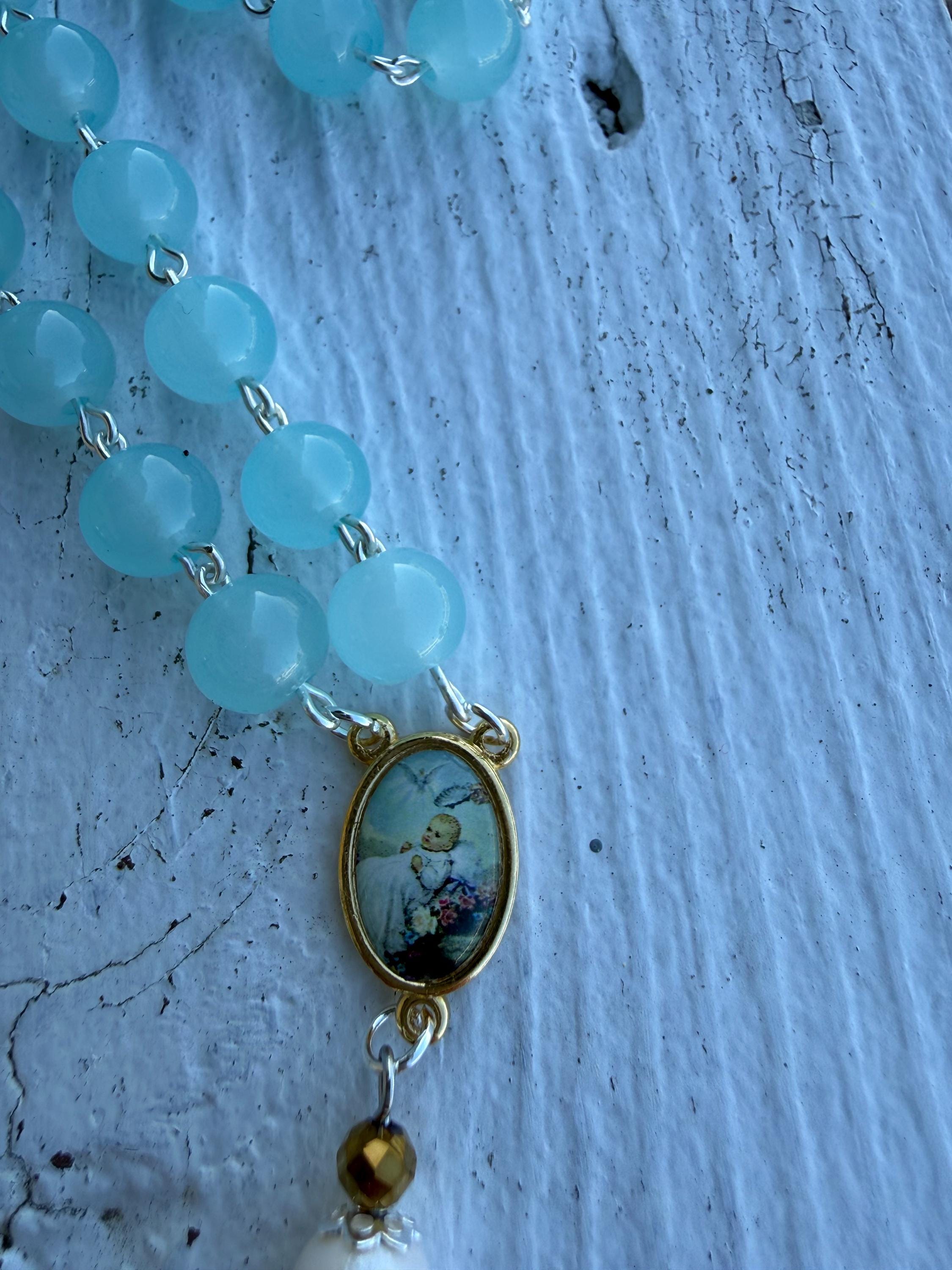Child Baptism Rosary – Soft Blue Glass Beads, Gold Accents, Marian Centerpiece, Keepsake Christening Rosary