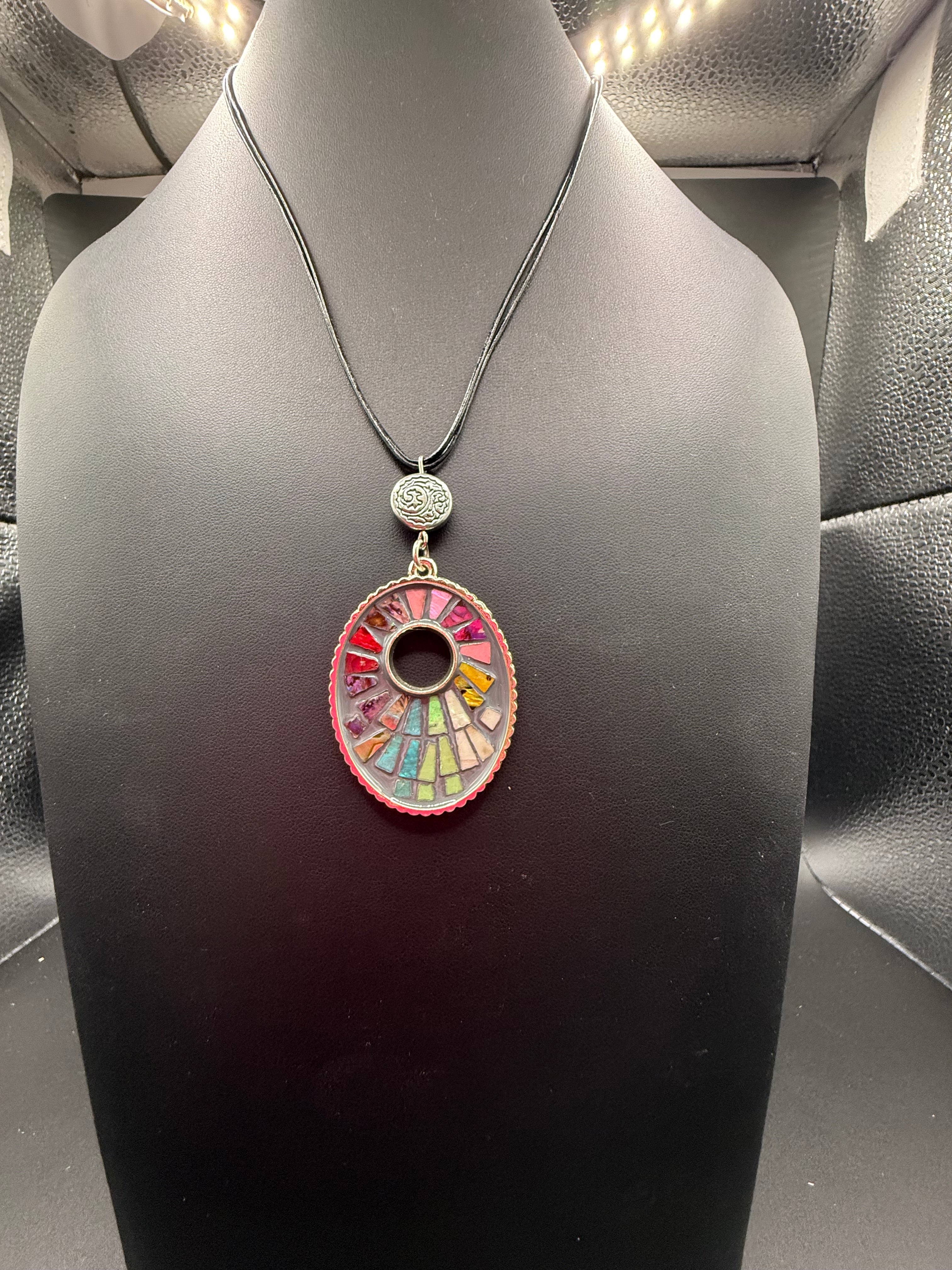 Colorful Mosaic Pendant Necklace, Rainbow Stained Glass Style Choker, Multi Strand Black Cord