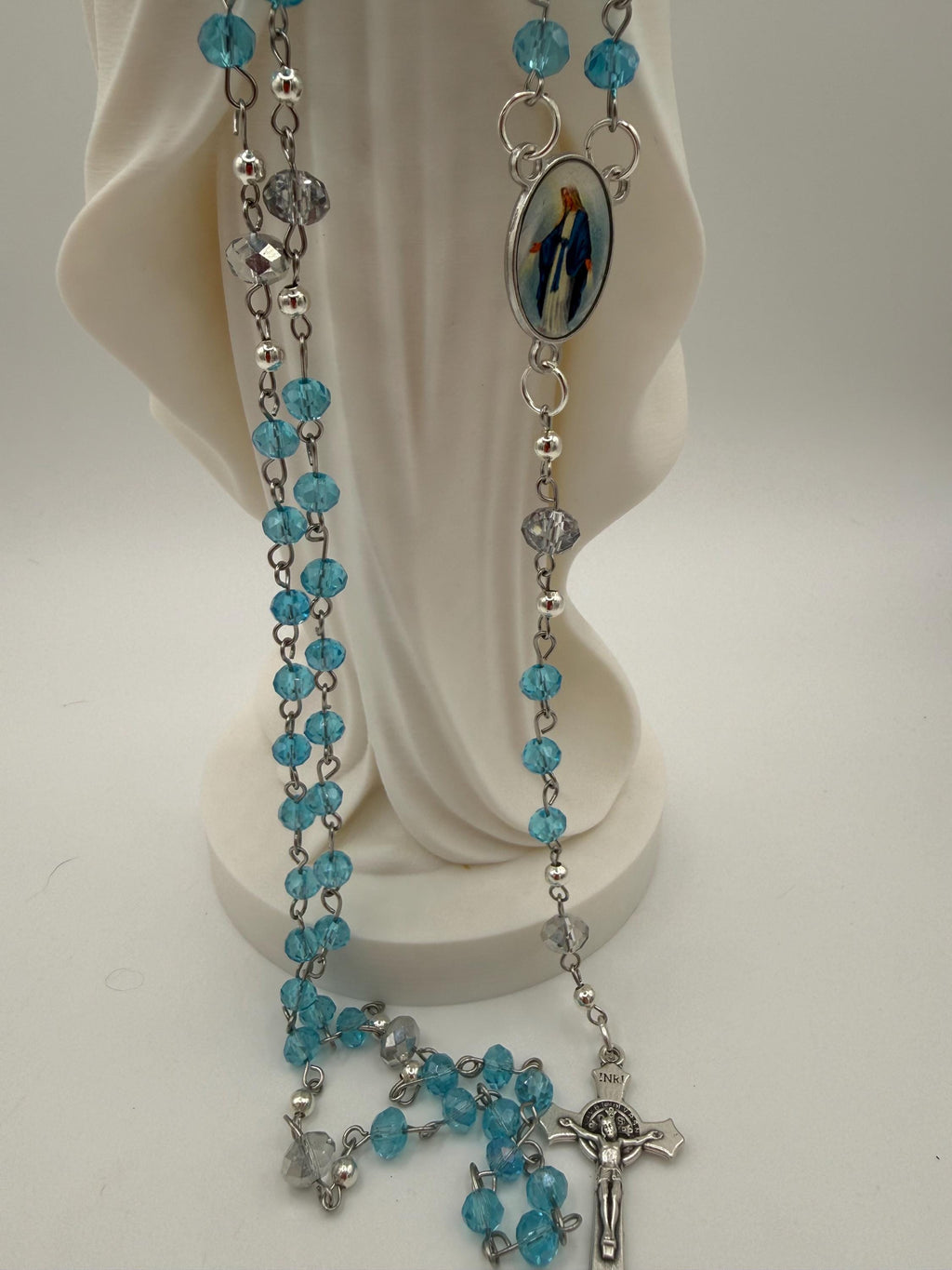 Light Blue Crystal Rosary with Mother Mary Centerpiece.