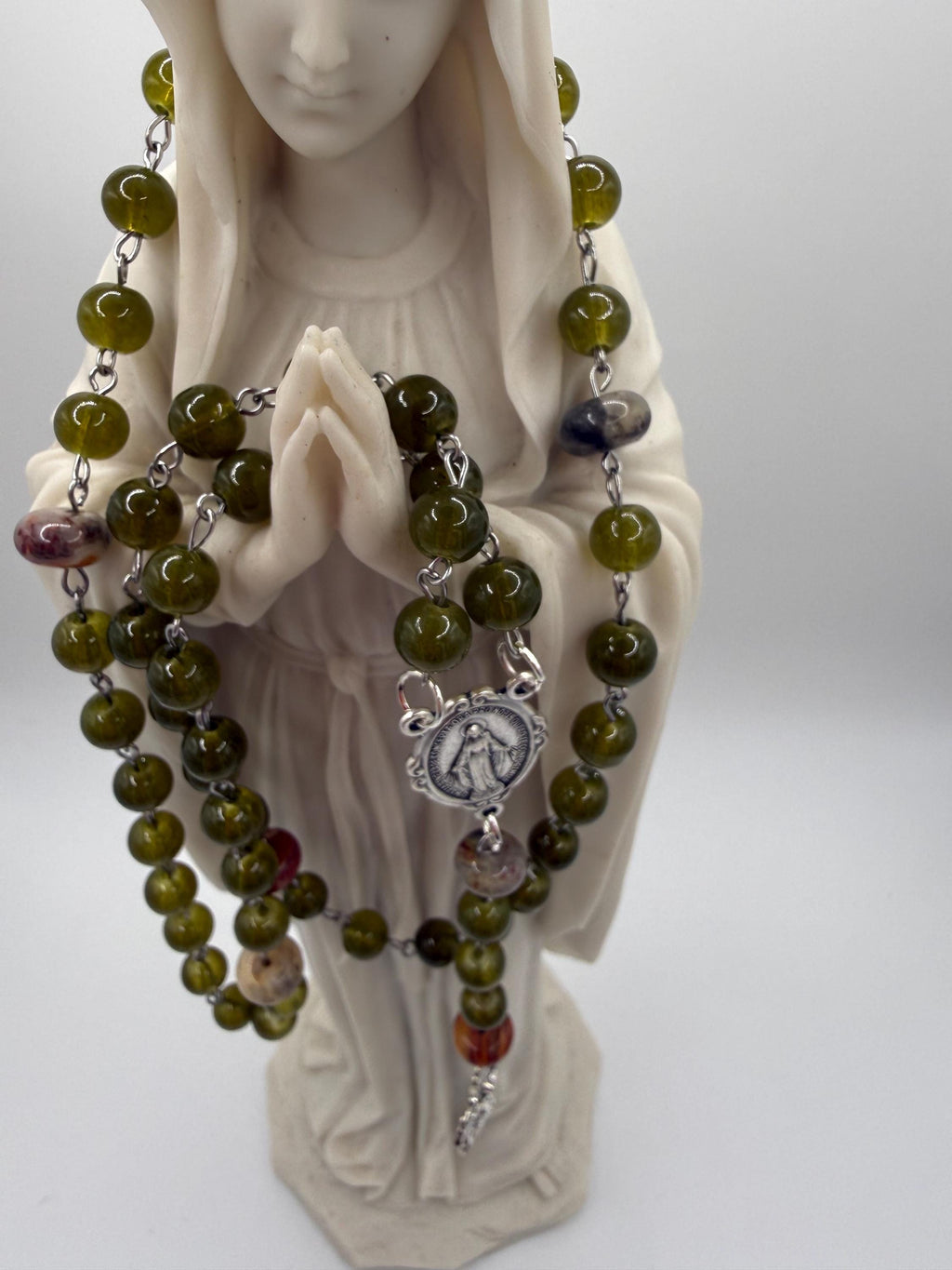Handmade Green Rosary-Olive Beads with Agate Accents, Silver Miraculous Medal Center and Pardon Crucifix
