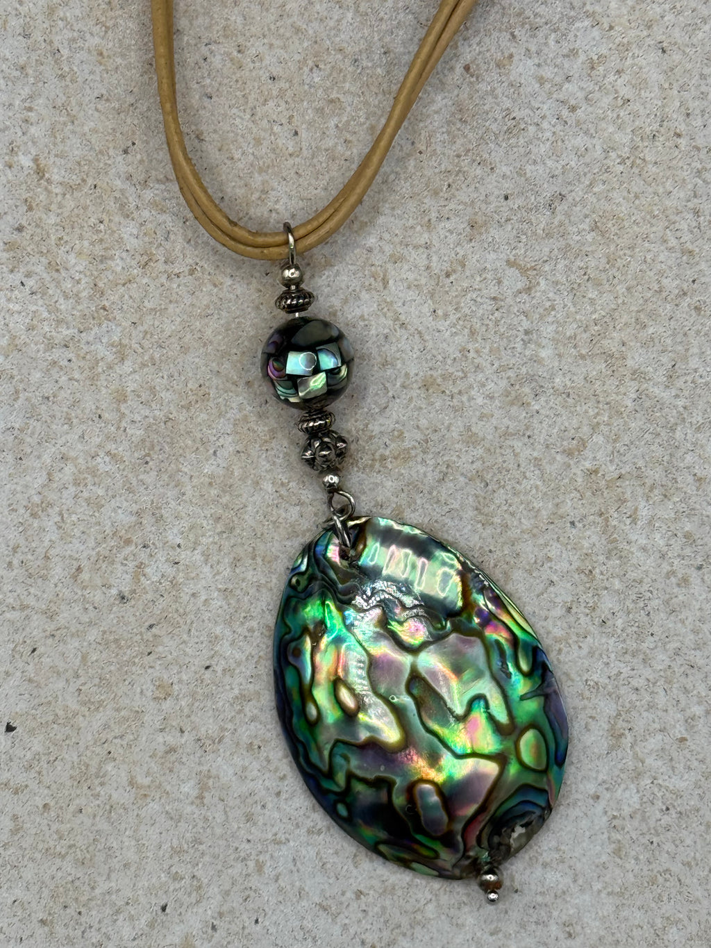 Natural Abalone Shell Pendant Necklace with Tan Leather Cord