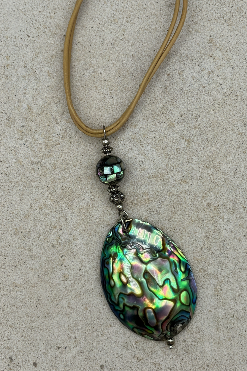 Natural Abalone Shell Pendant Necklace with Tan Leather Cord