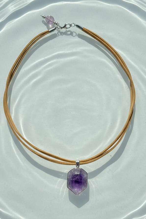 Raw Amethyst Crystal Pendant Necklace | Boho Multi-Strand Cord