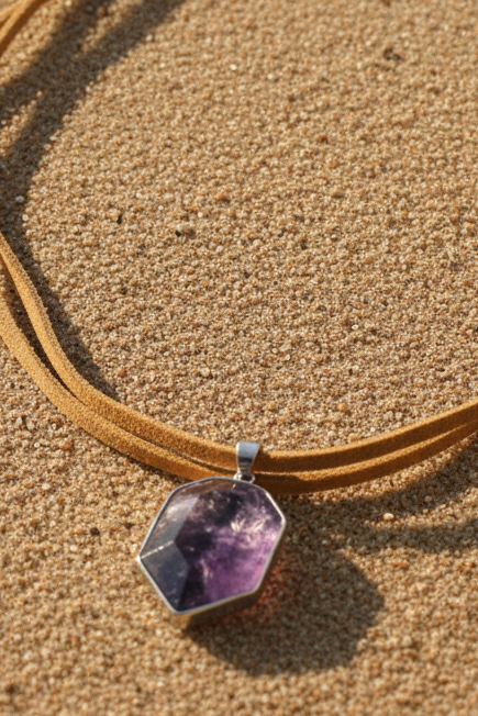 Raw Amethyst Crystal Pendant Necklace | Boho Multi-Strand Cord