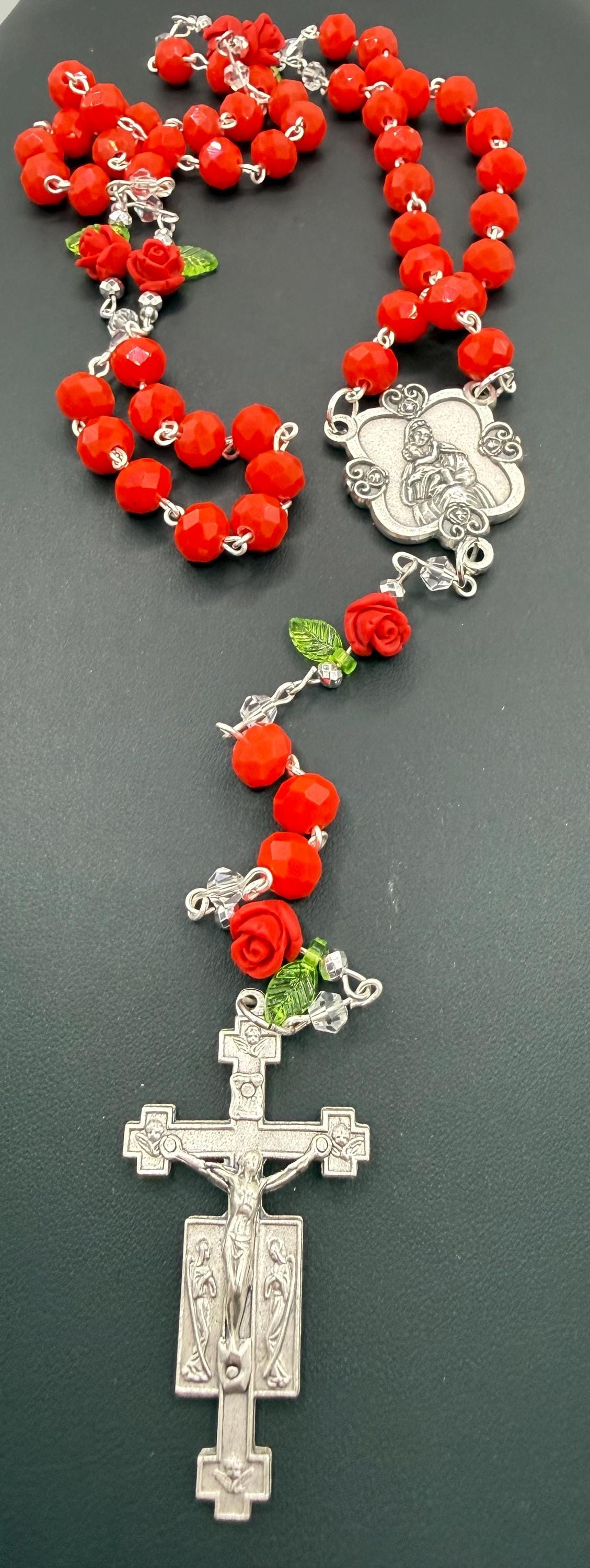 Red Crystal Rosary with Rose Beads - Handmade Devotional Gift