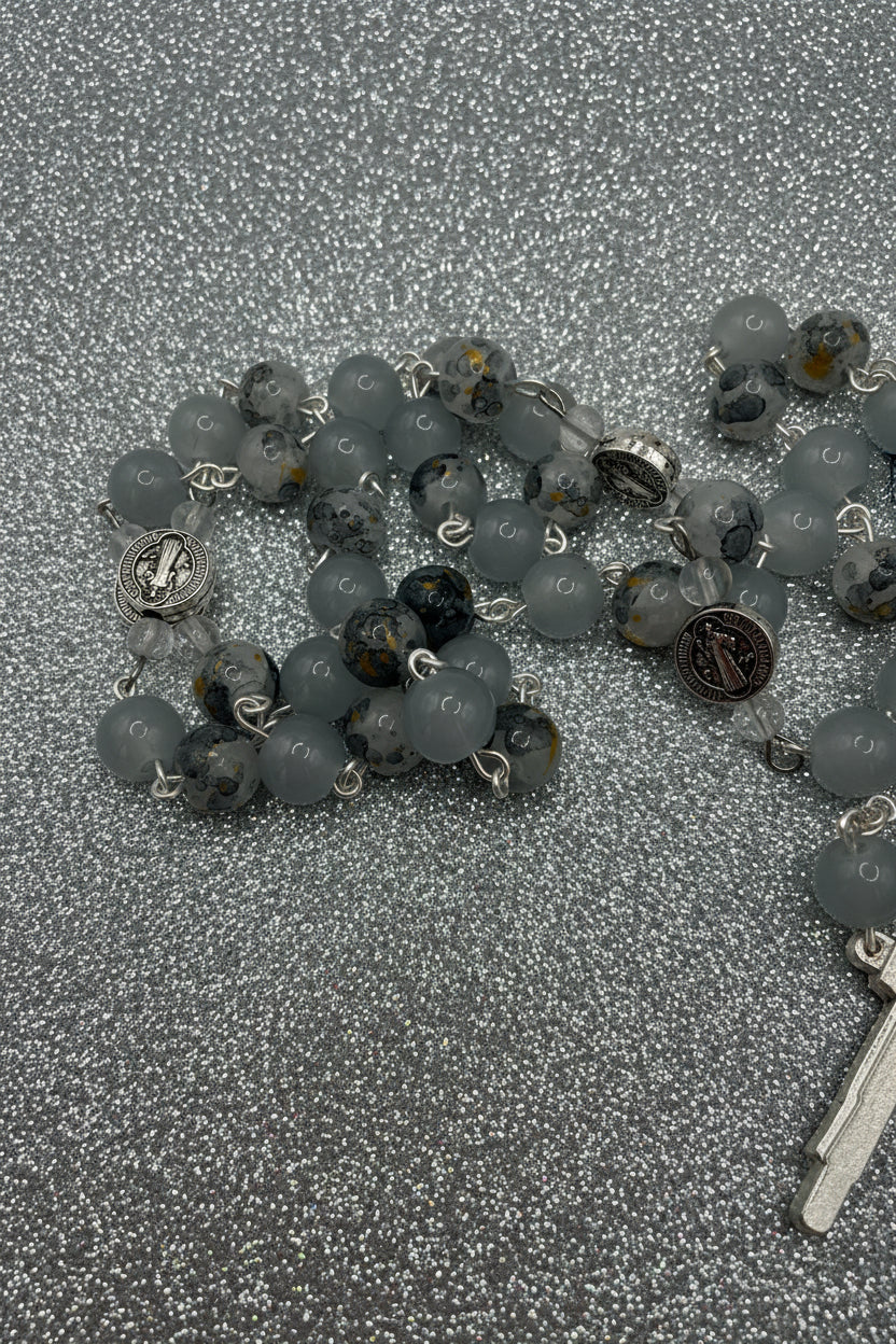 Gray Glass Rosary, Miraculous Medal, St. Benedict Accents, Silver Crucifix