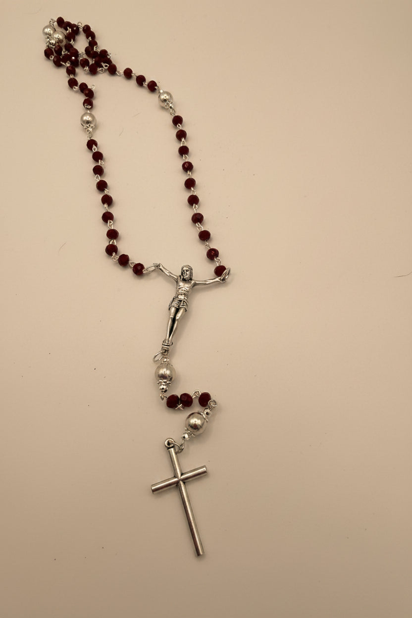 Handmade Catholic Rosary Crucifix | Silver Tone Cross with Red Accent Bead Rosary Crucifix