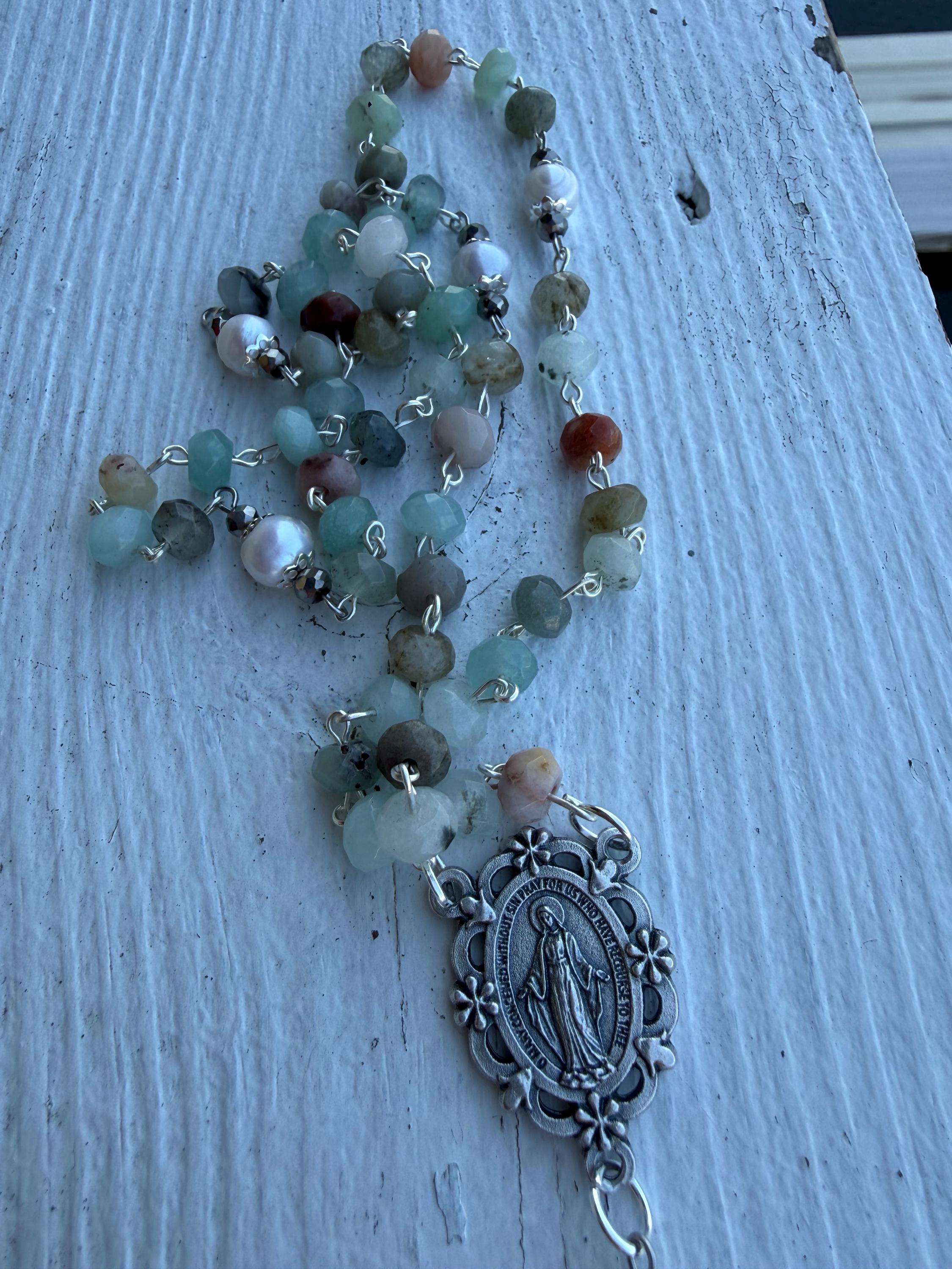 Handmade Amazonite Rosary with Freshwater Pearl Accents - Catholic Rosary Beads - Miraculous Medal