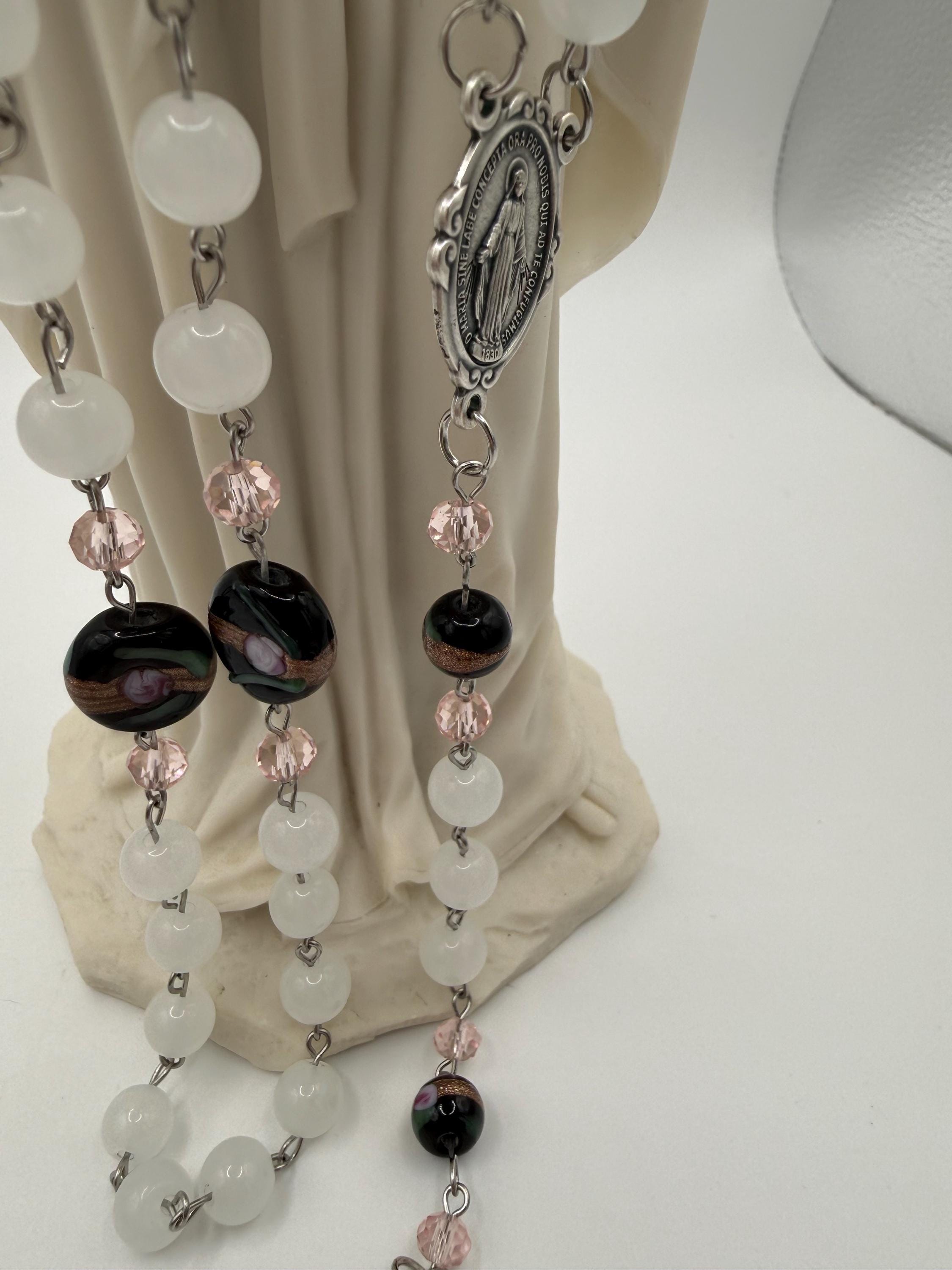 Unique and One of a Kind Rosary With Black Beads and Pink Roses.