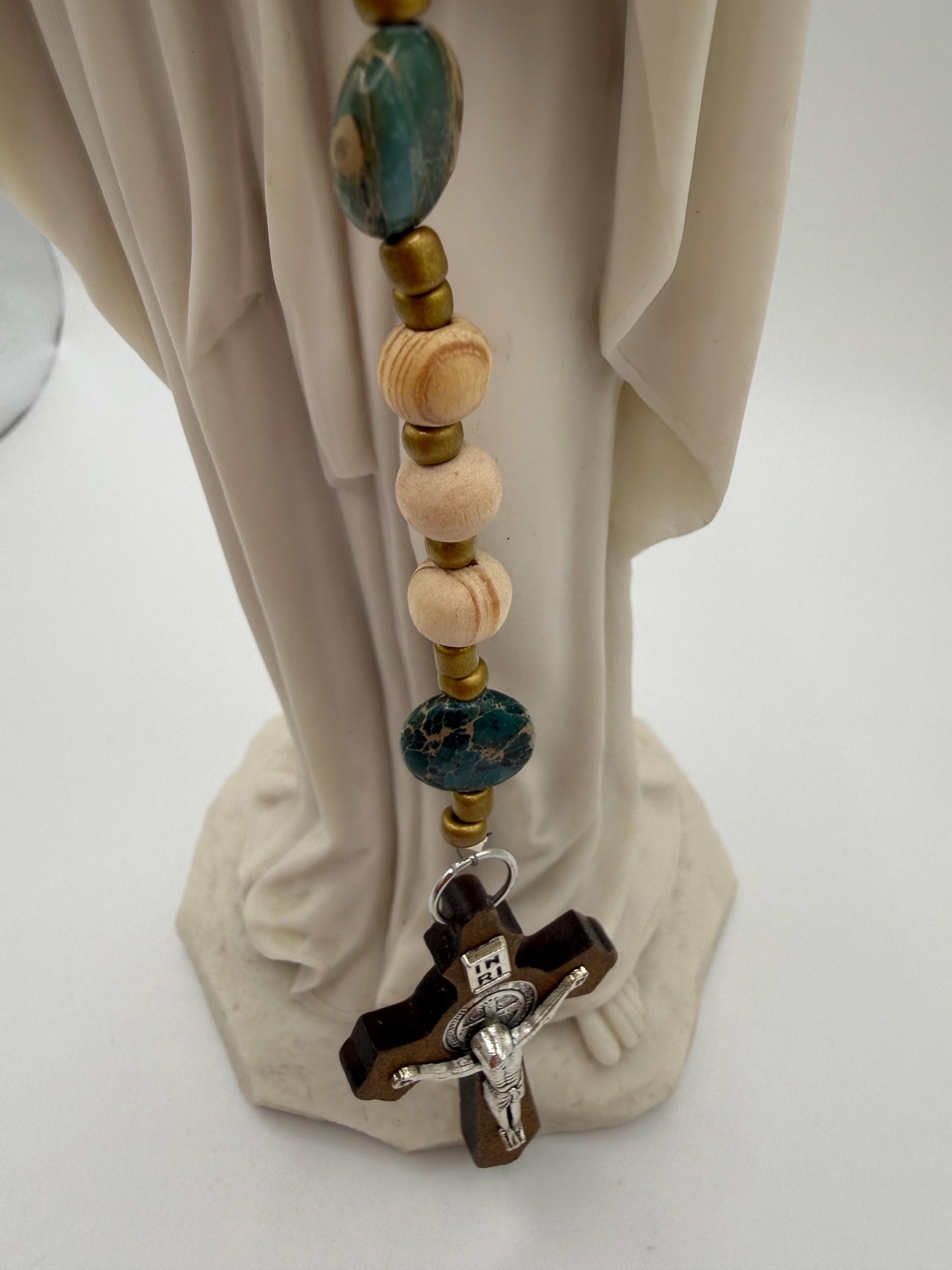 Handmade Green Bead Rosary with Wood & Silver Crucifix – Catholic Prayer Rosary