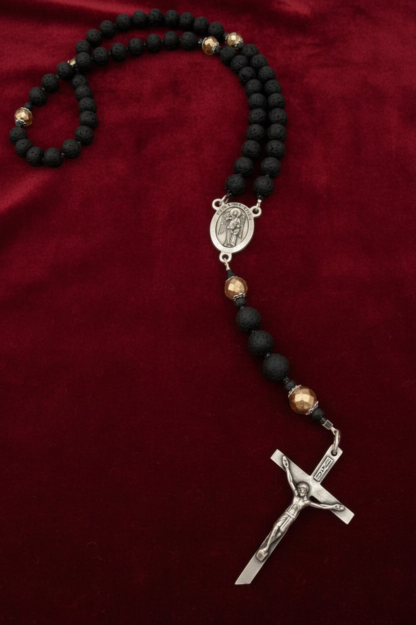 Men's Lava Rock Rosary - Silver Guardian Angel & INRI Crucifix - Essential Oil Diffuser Rosary