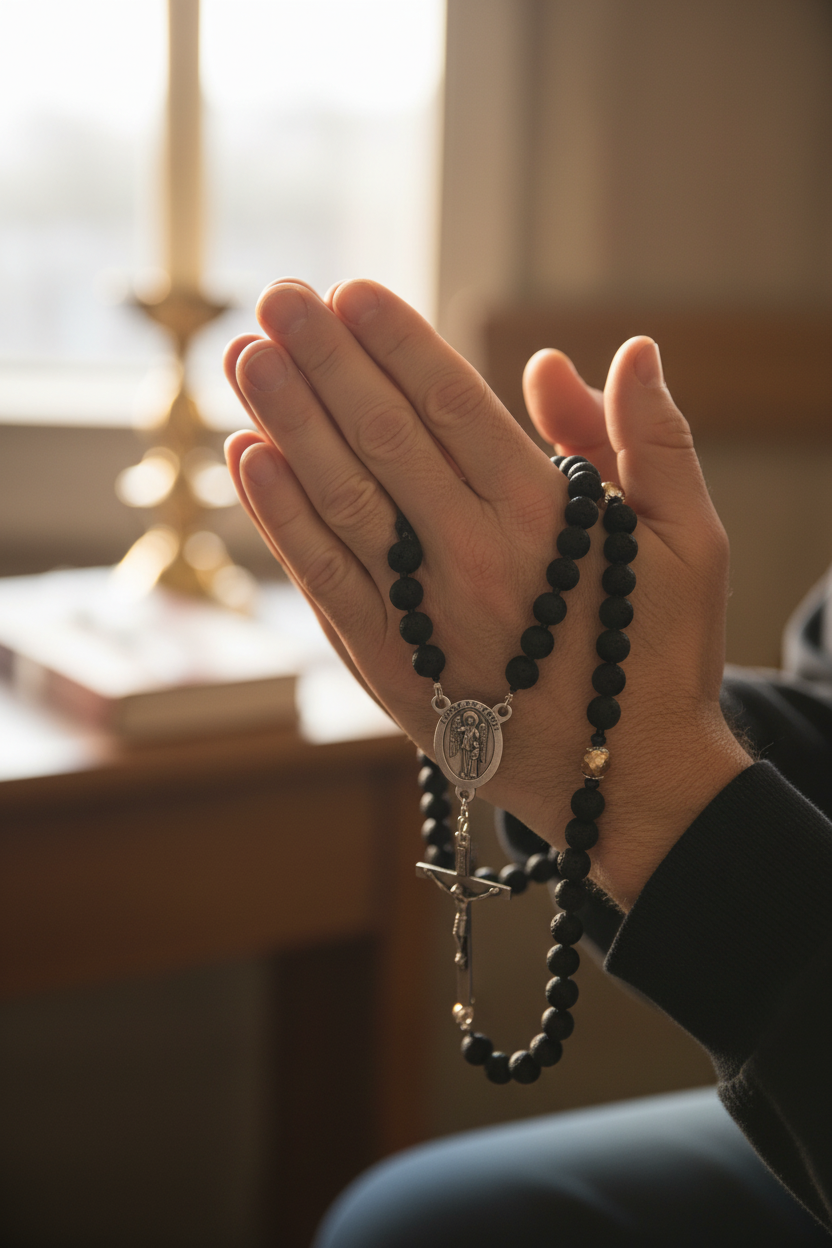 Men's Lava Rock Rosary - Silver Guardian Angel & INRI Crucifix - Essential Oil Diffuser Rosary