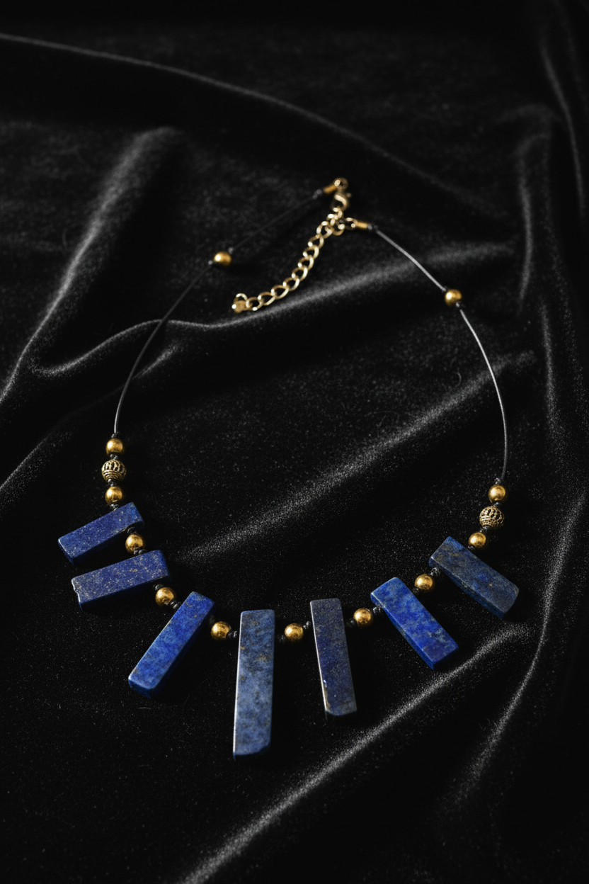 Lapis Lazuli Statement Necklace With Pyrite Gold Beads, Boho Artisan