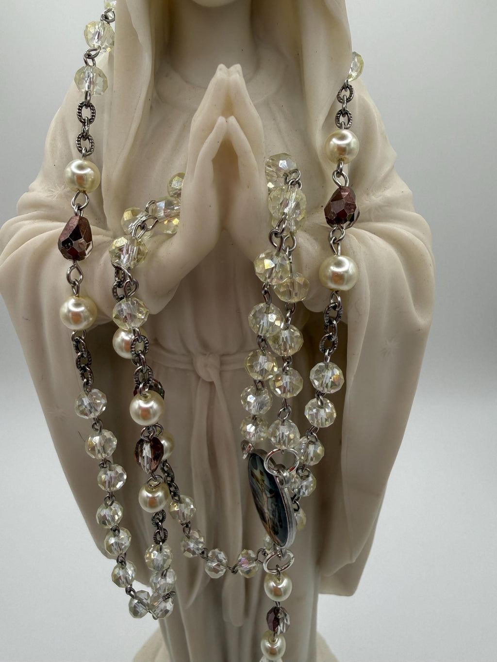 Handcrafted Catholic Rosary - Clear Crystal & Faux Pearl Beads with St. Benedict Crucifix and Sacred Heart Centerpiece - Traditional Prayer