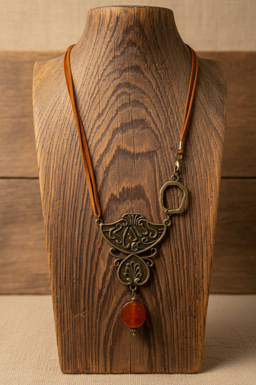 An antique bronze filigree pendant necklace with an orange cord and a round orange stone drop, displayed on a black mannequin bust.