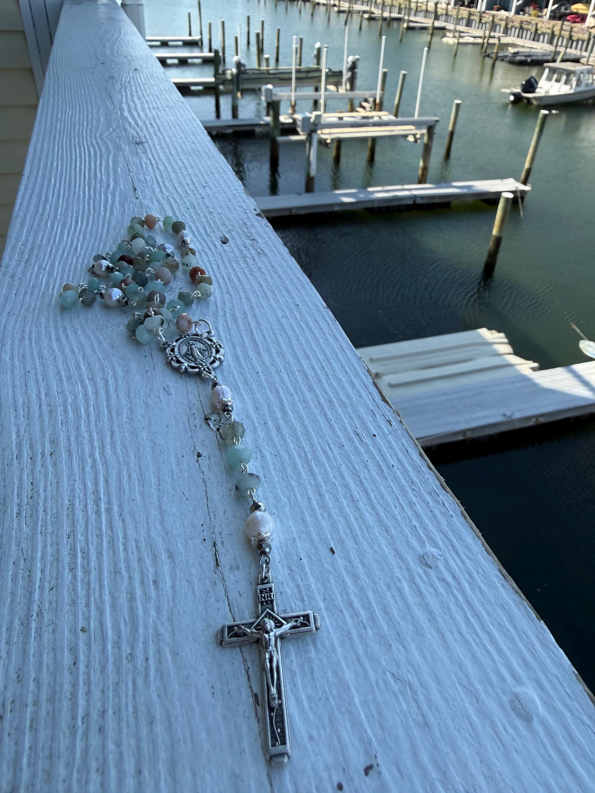 Handmade Amazonite Rosary with Freshwater Pearl Accents - Catholic Rosary Beads - Miraculous Medal