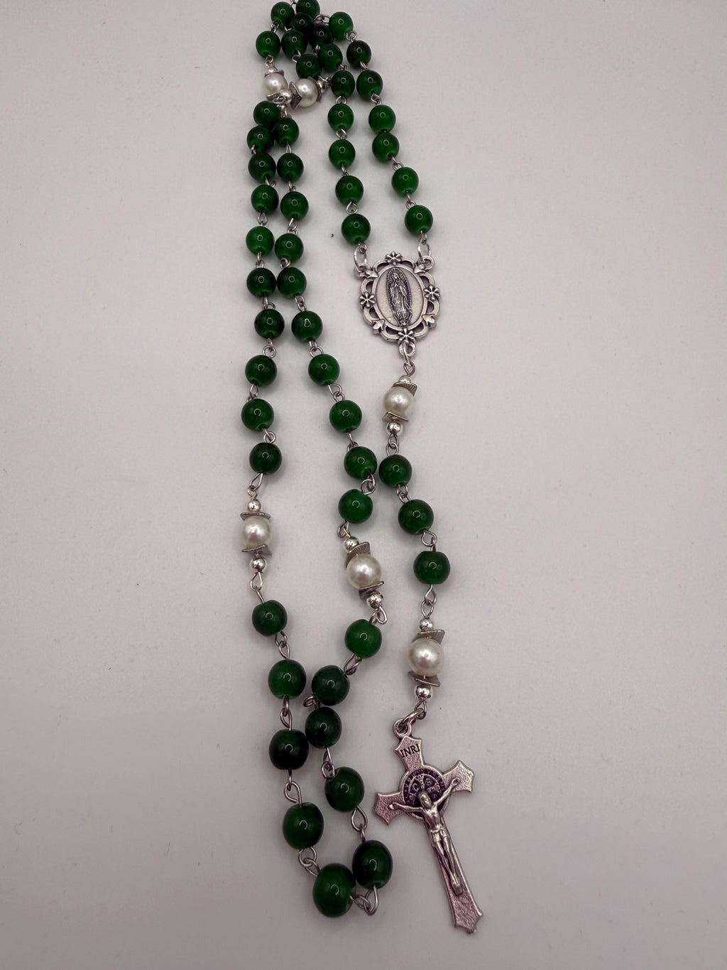 Handmade Green Rosary - Catholic Prayer Beads with Silver Madonna Centerpiece