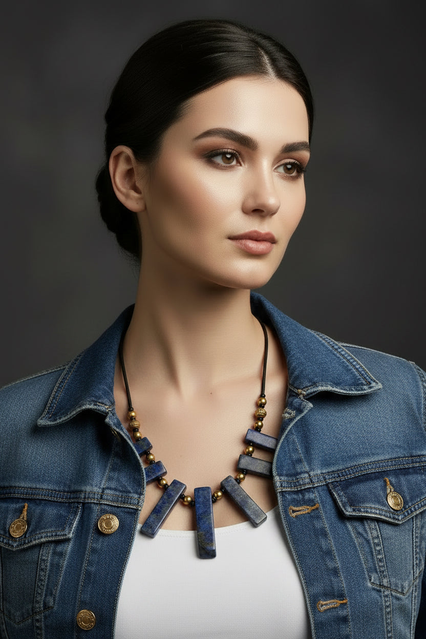 Lapis Lazuli Statement Necklace With Pyrite Gold Beads, Boho Artisan