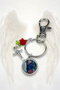 Handmade Catholic Keychain with Our Lady of the Rosary Medal, Crucifix, and Rose Charm