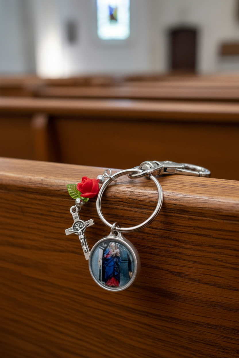 Handmade Catholic Keychain with Our Lady of the Rosary Medal, Crucifix, and Rose Charm