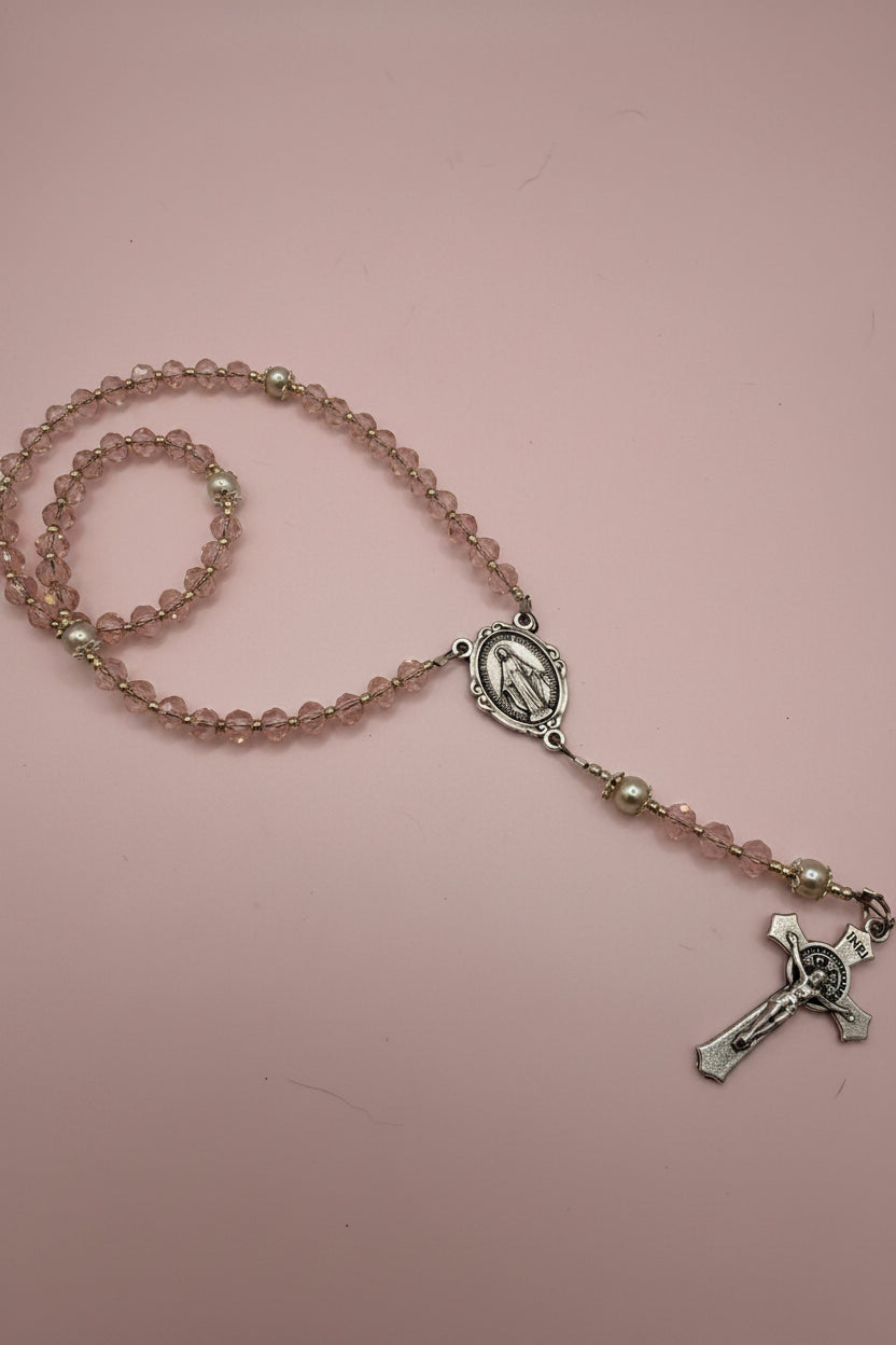 Child's First Rosary - Blush Pink Crystal Beads, Silver Crucifix