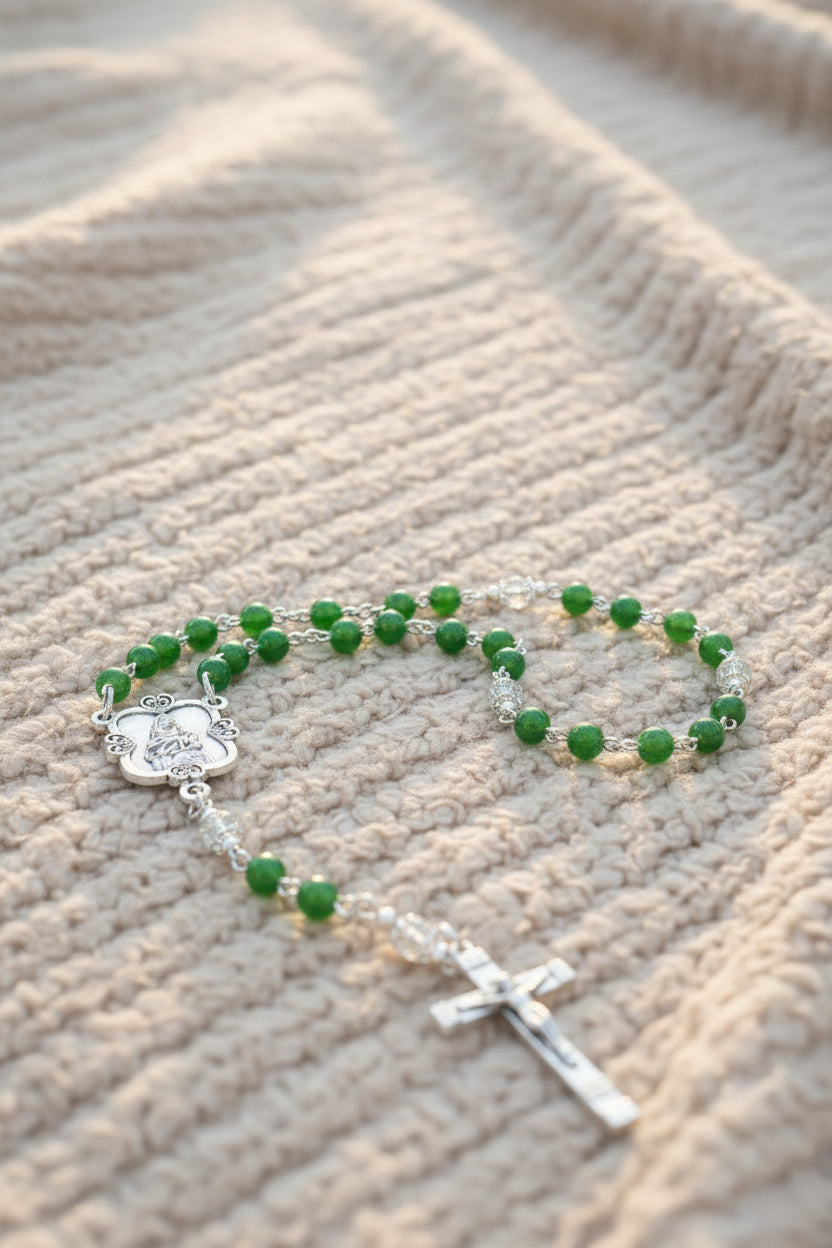 Handmade Green Rosary - Catholic Prayer Beads with Silver Madonna Centerpiece