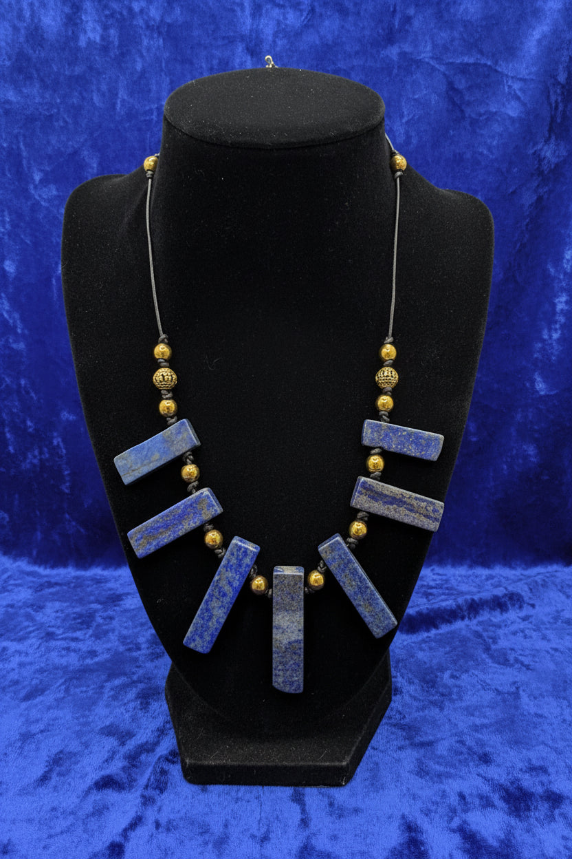 Lapis Lazuli Statement Necklace With Pyrite Gold Beads, Boho Artisan