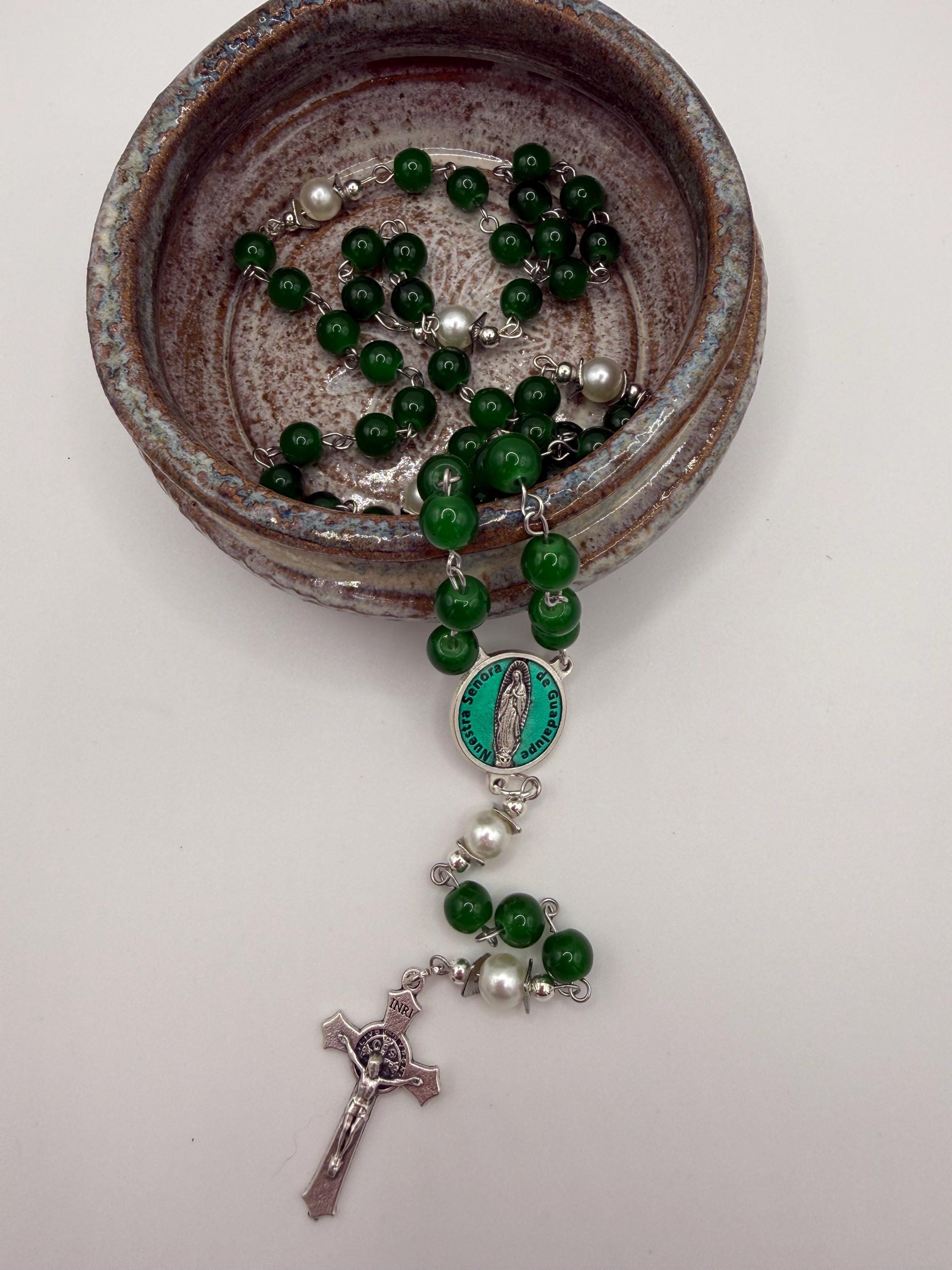 Emerald Green Glass Bead Rosary with Pearl Like Accents | Miraculous Medal Center | St. Benedict Crucifix