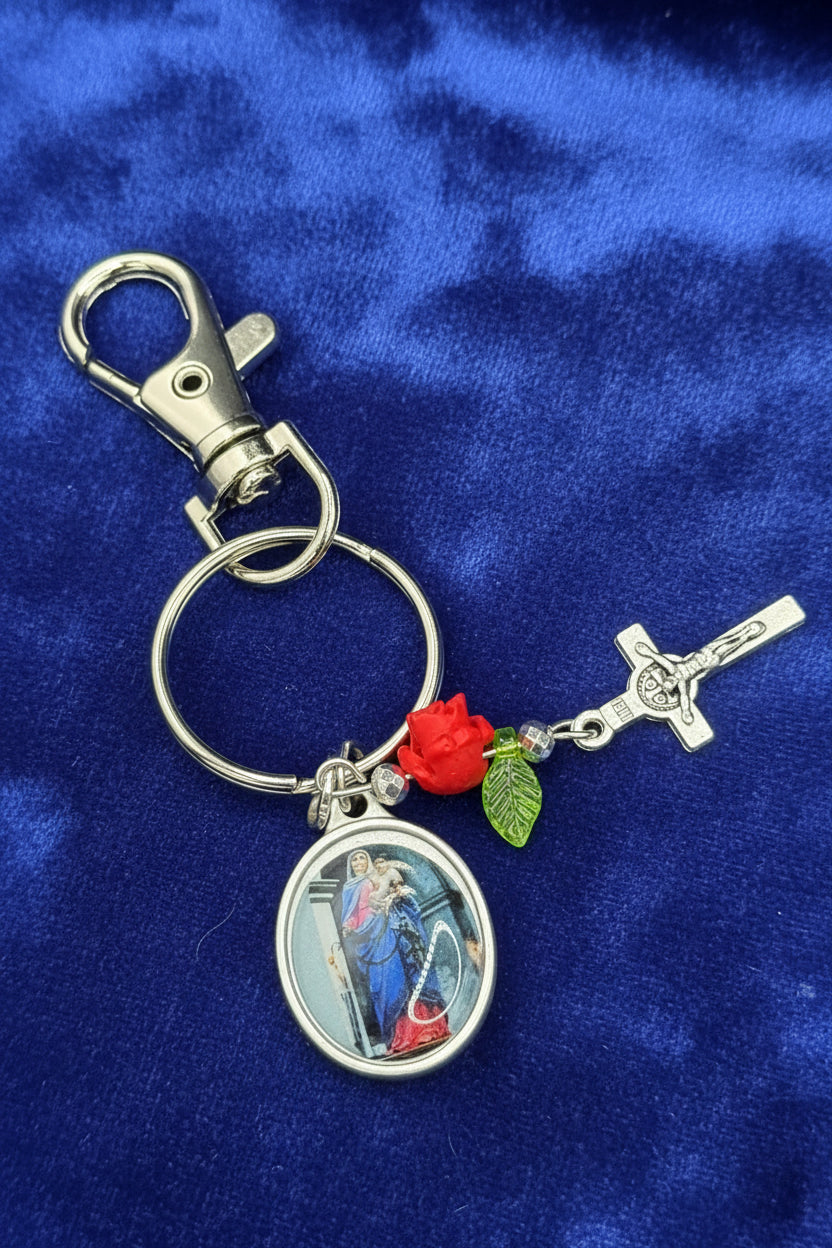 Handmade Catholic Keychain with Our Lady of the Rosary Medal, Crucifix, and Rose Charm