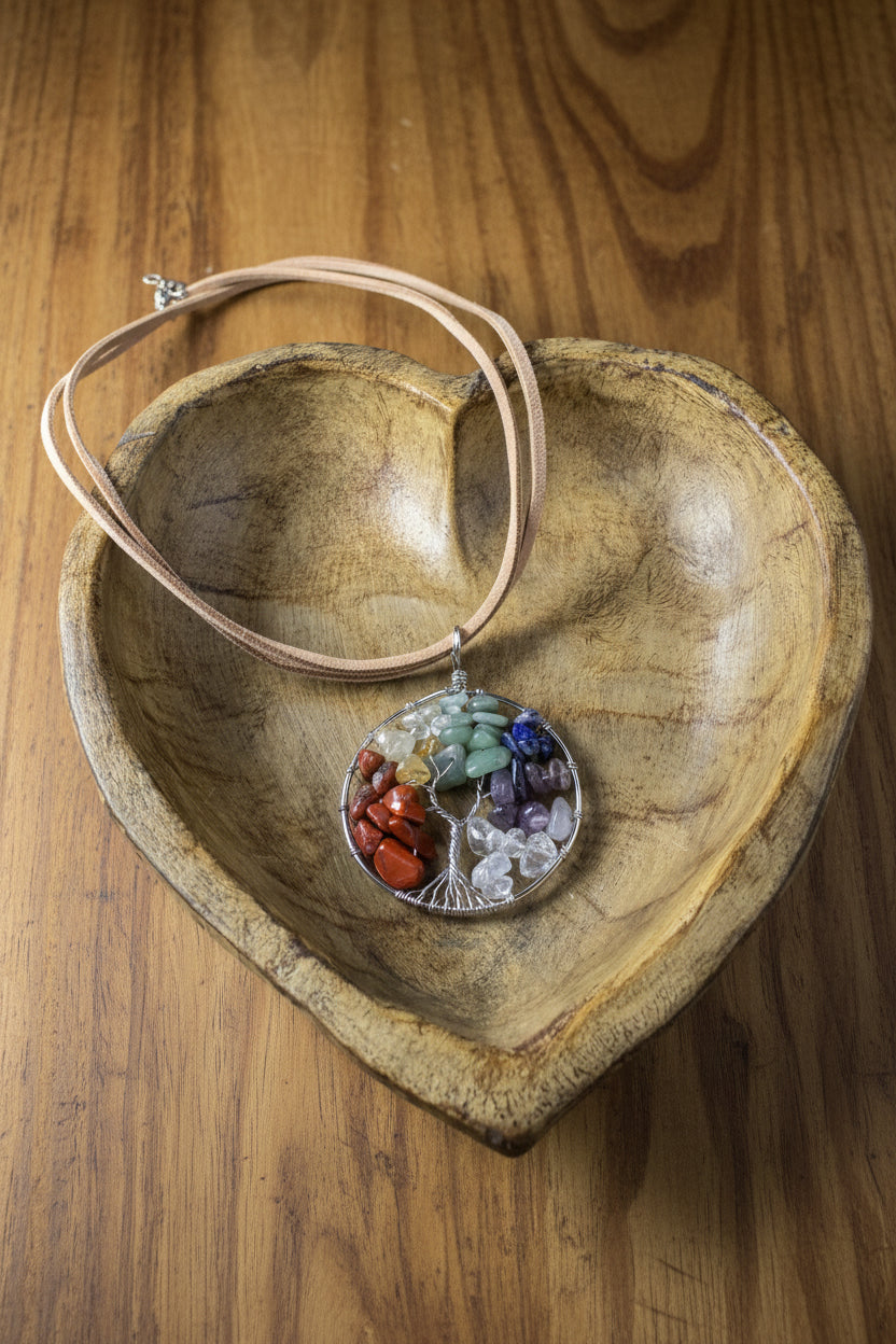 Chakra Tree of Life Pendant Necklace, Wire Wrapped Rainbow Crystal Chip Pendant on Tan Suede Cord, Boho Chic Spiritual Gemstone Jewelry